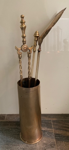 Set of Brass Fire Irons in Brass Tank Shell (1 of 1) Set of Brass Fire Irons in Brass Tank Shell (1 of 1)