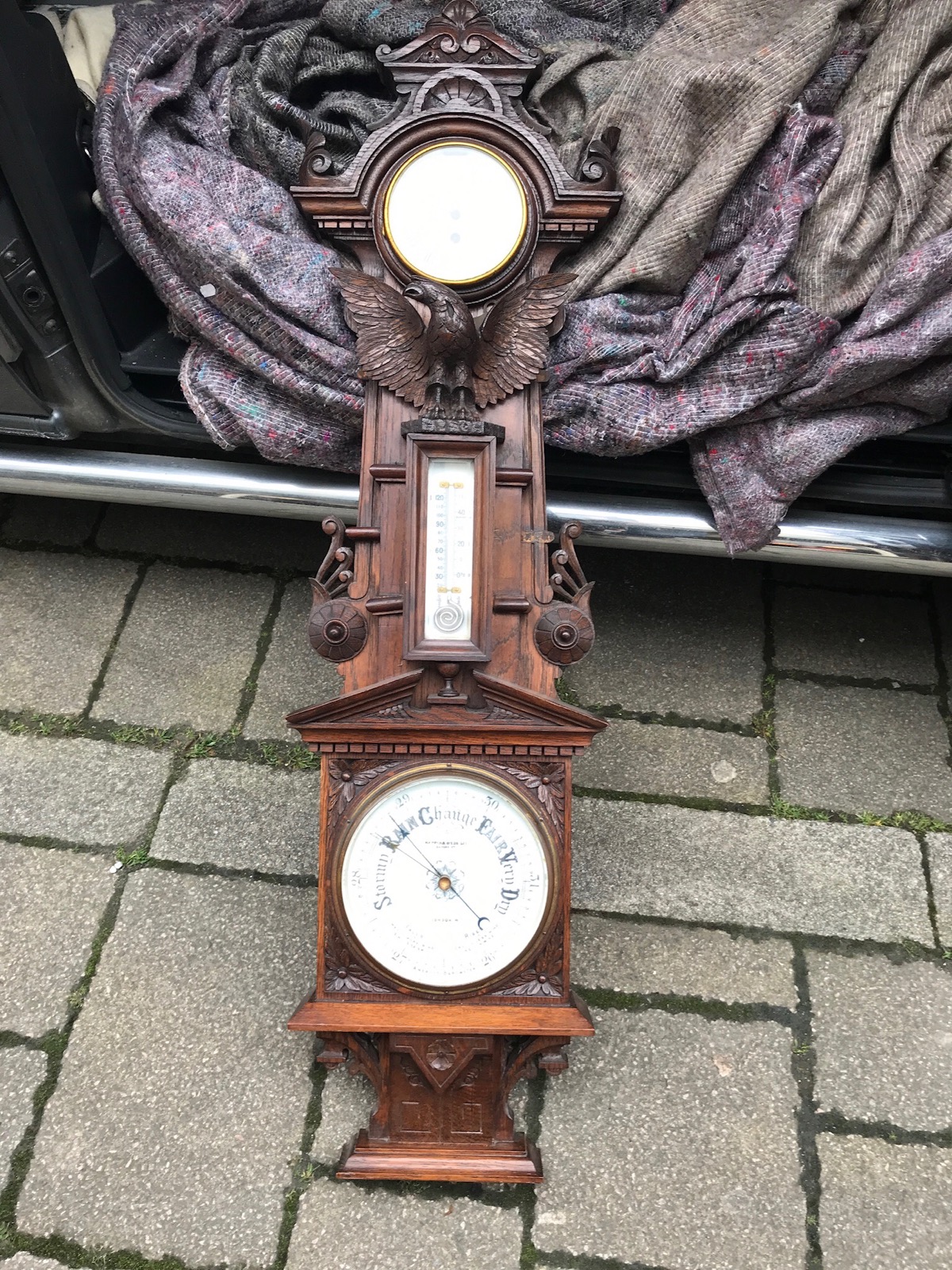 Unusual Carved Oak Combined Barometer (1 of 1)