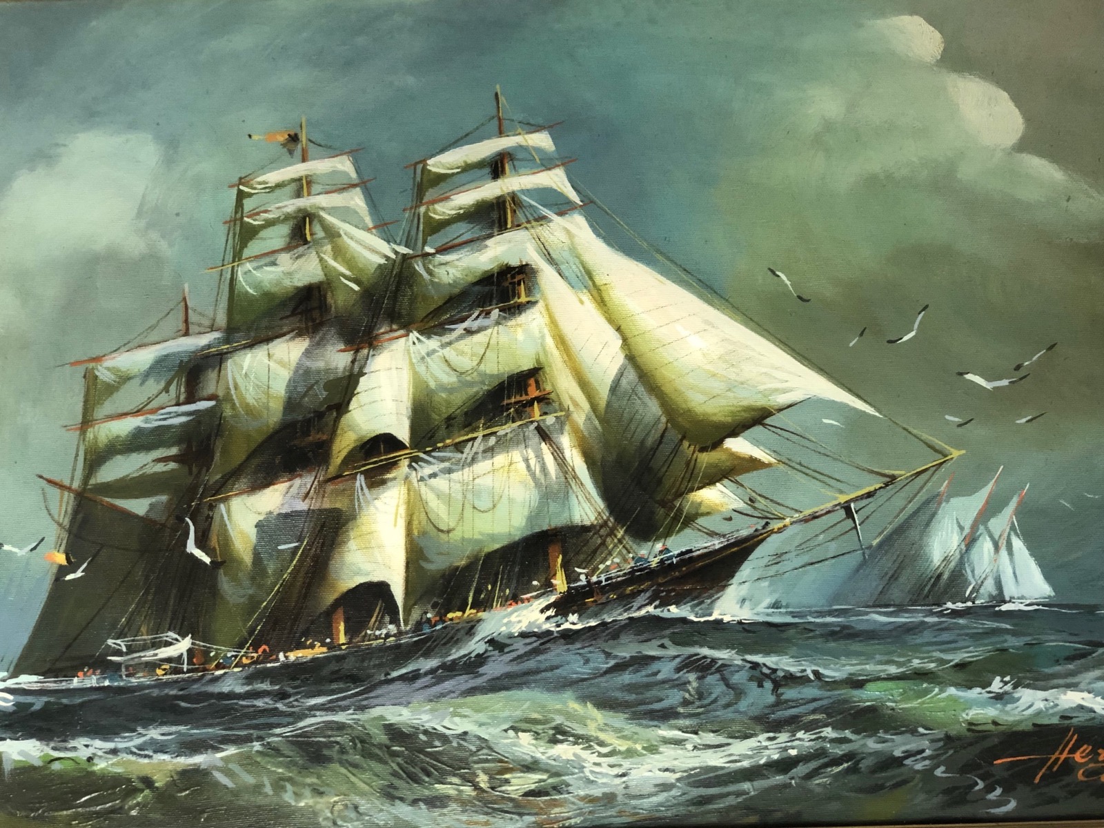 Fine Art European School Marine Clipper Ship High Seas Oil Painting Listed Artist Conrad Herman