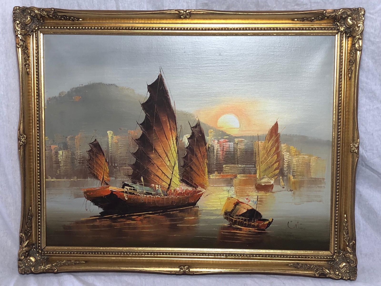 Marine Impressionist Oil Painting of Junk Boats Ships in Hong Kong