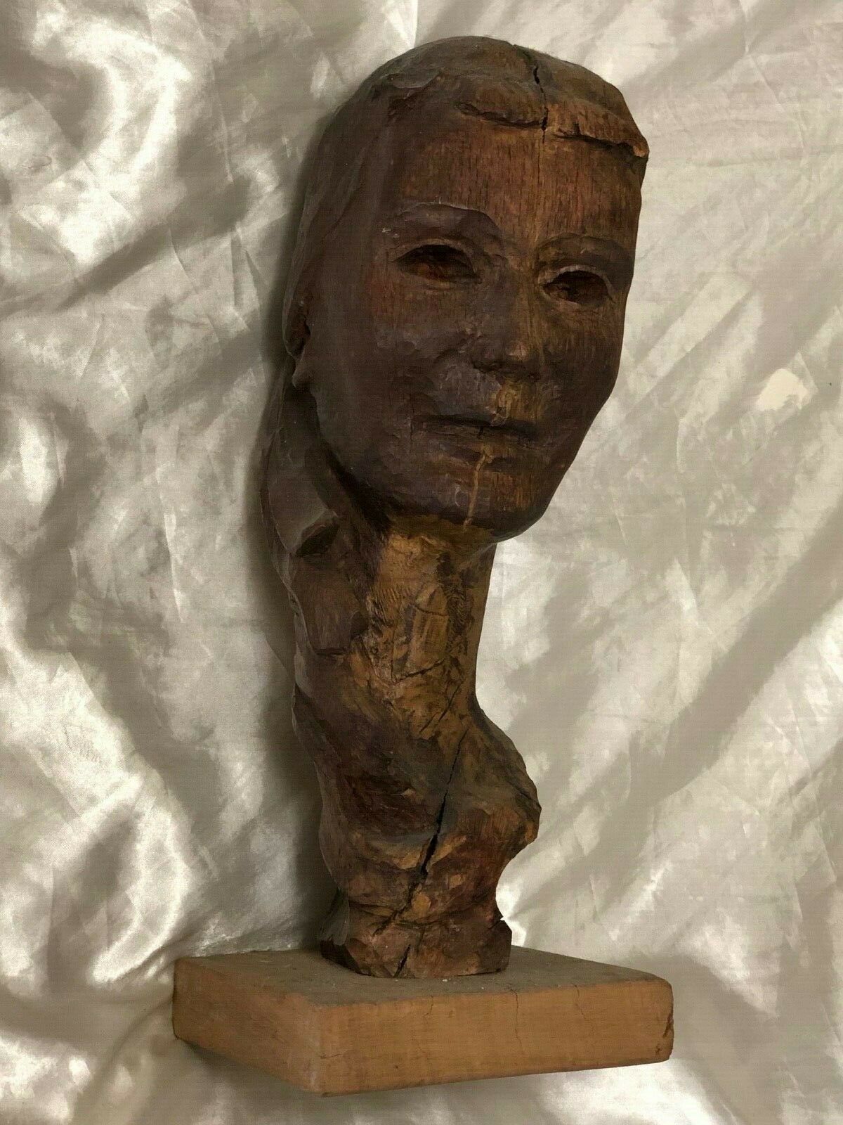 Original 1950'S Artwork French Vintage Carved Wood Sculpture Lady's