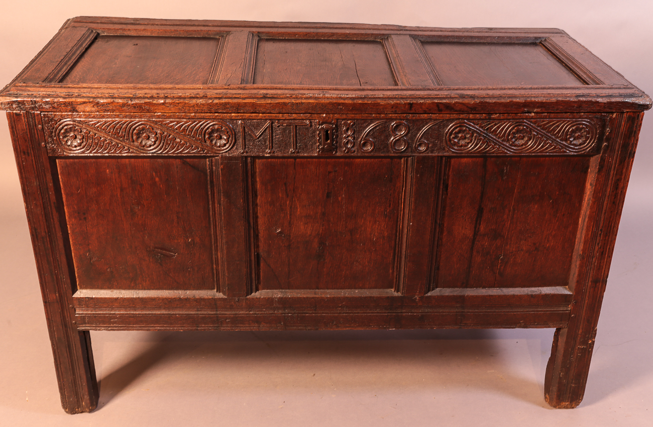 Oak Coffer Dated 1686 Initials MT (1 of 7) Oak Coffer Dated 1686 Initials MT (1 of 7)