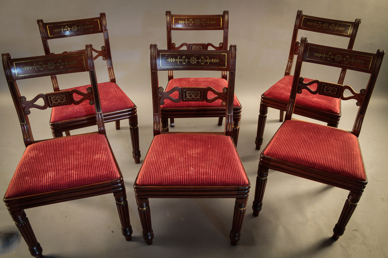 Fine Set of 6 Regency Brass Inlaid Dining Chairs (1 of 1) Fine Set of 6 Regency Brass Inlaid Dining Chairs (1 of 1)