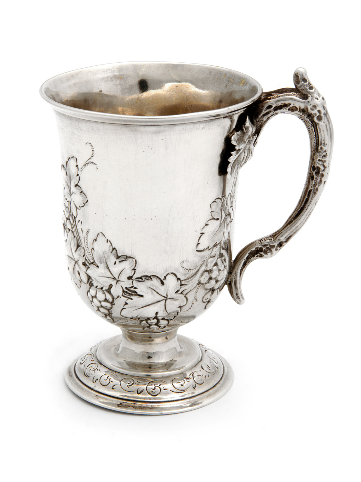 Silver Campana Shaped Christening Mug with a Chased Grape and Vine Design (1 of 1) Silver Campana Shaped Christening Mug with a Chased Grape and Vine Design (1 of 1)