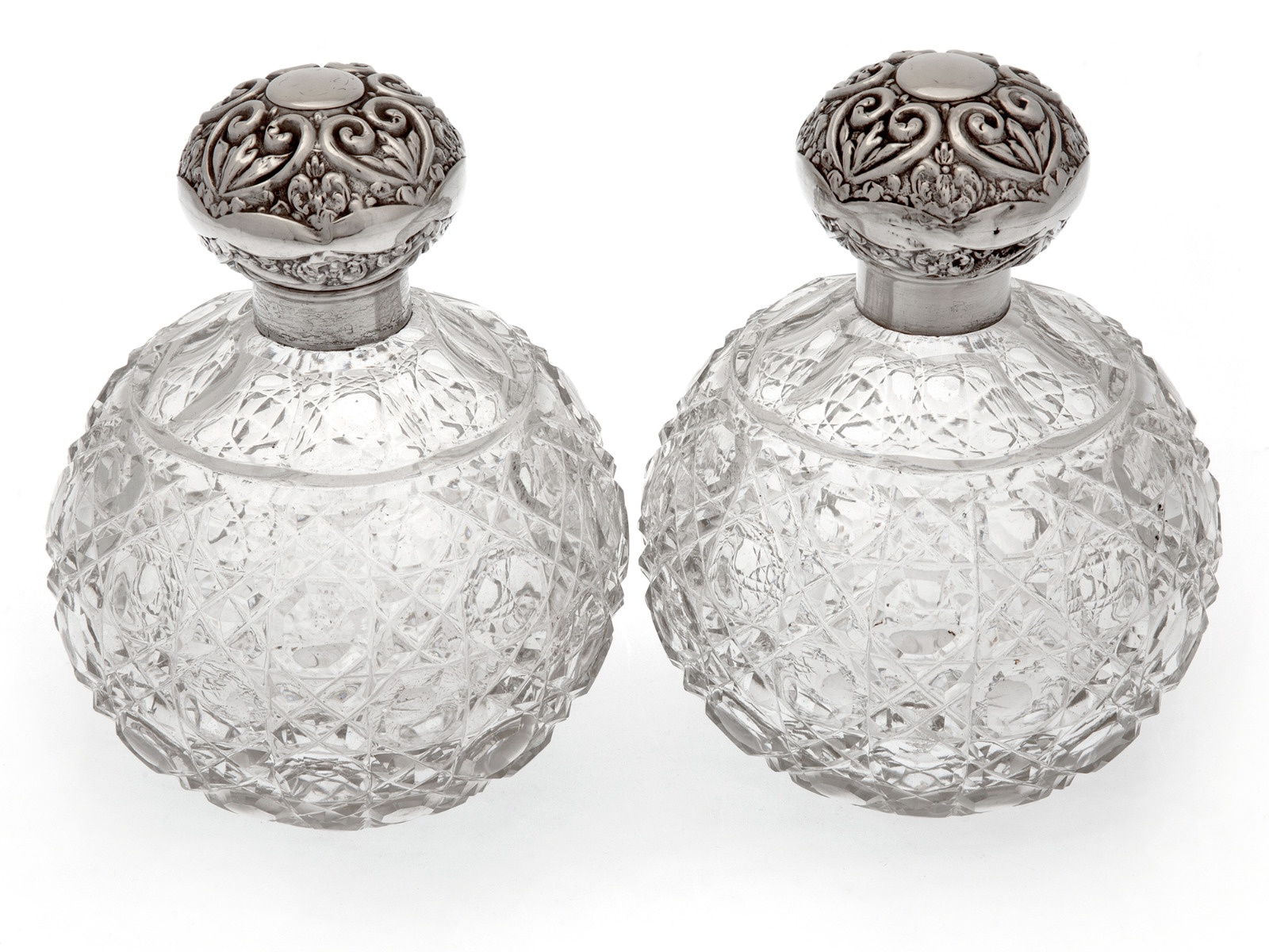 Pair of Large Globe Shaped Silver Top Perfume Bottles with Hob Cut Glass Bodies (1 of 1) Pair of Large Globe Shaped Silver Top Perfume Bottles with Hob Cut Glass Bodies (1 of 1)