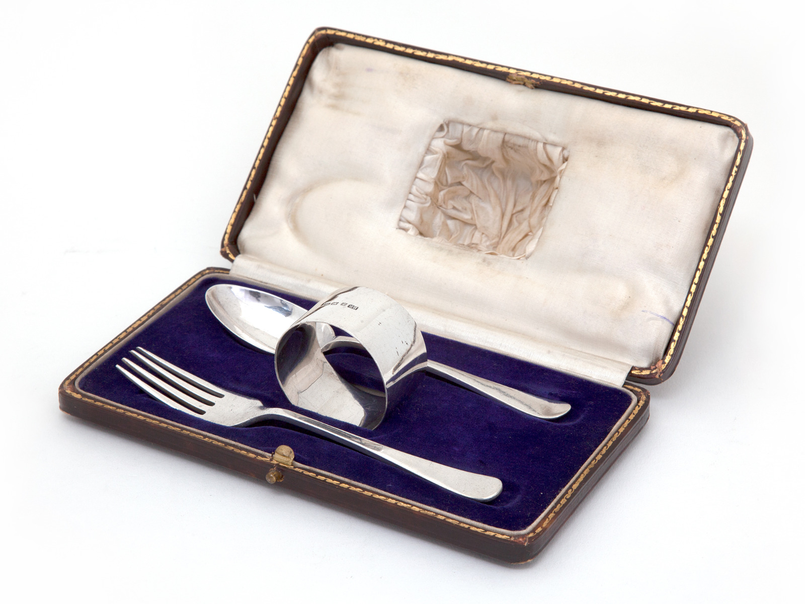 Plain Silver Boxed Christening Fork and Spoon with Matching Napkin Ring (1 of 1) Plain Silver Boxed Christening Fork and Spoon with Matching Napkin Ring (1 of 1)
