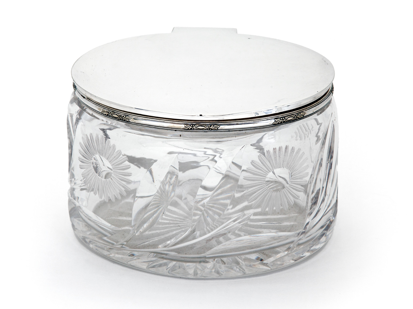 Oval Silver Plate & Cut Glass Box with Plain Hinged Lid & Floral Border (1 of 4)