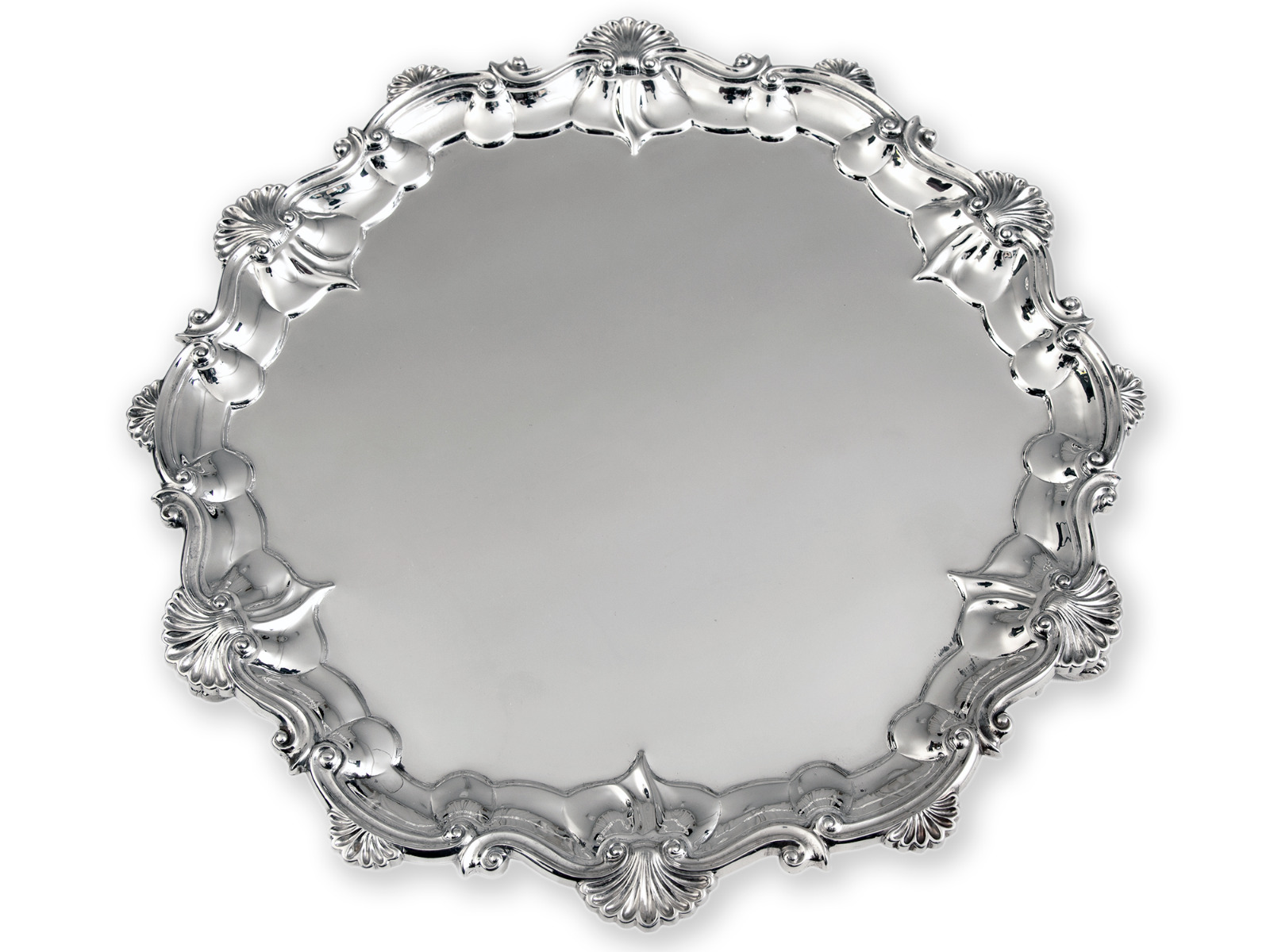 Large Victorian Sterling Silver Salver with Applied Shell & Scroll Border (1 of 3) Large Victorian Sterling Silver Salver with Applied Shell & Scroll Border (1 of 3)