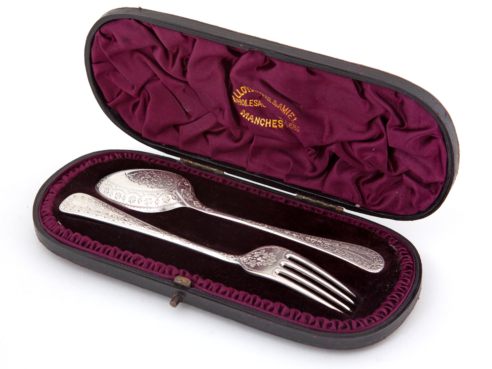 Boxed Victorian Silver Christening Spoon and Fork Engraved with Floral Scenes (1 of 8) Boxed Victorian Silver Christening Spoon and Fork Engraved with Floral Scenes (1 of 8)