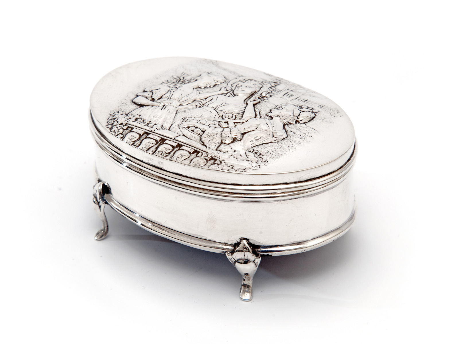 Antique Silver Jewellery Box Depicting Three Females in a Country Scene (1 of 5) Antique Silver Jewellery Box Depicting Three Females in a Country Scene (1 of 5)