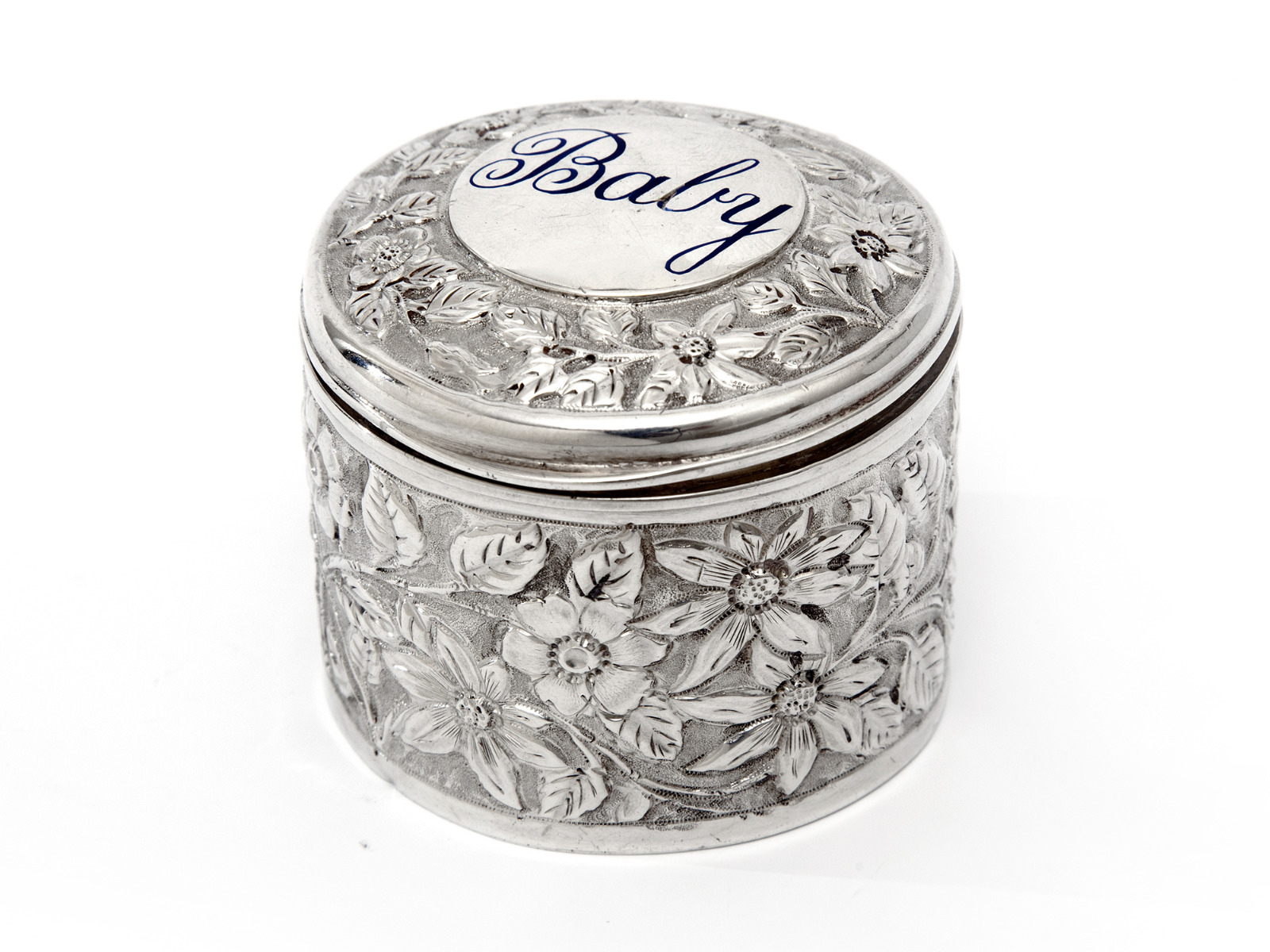 Antique Silver Jar with Baby Inscribed on the Lid with Blue Enamel (1 of 6)
