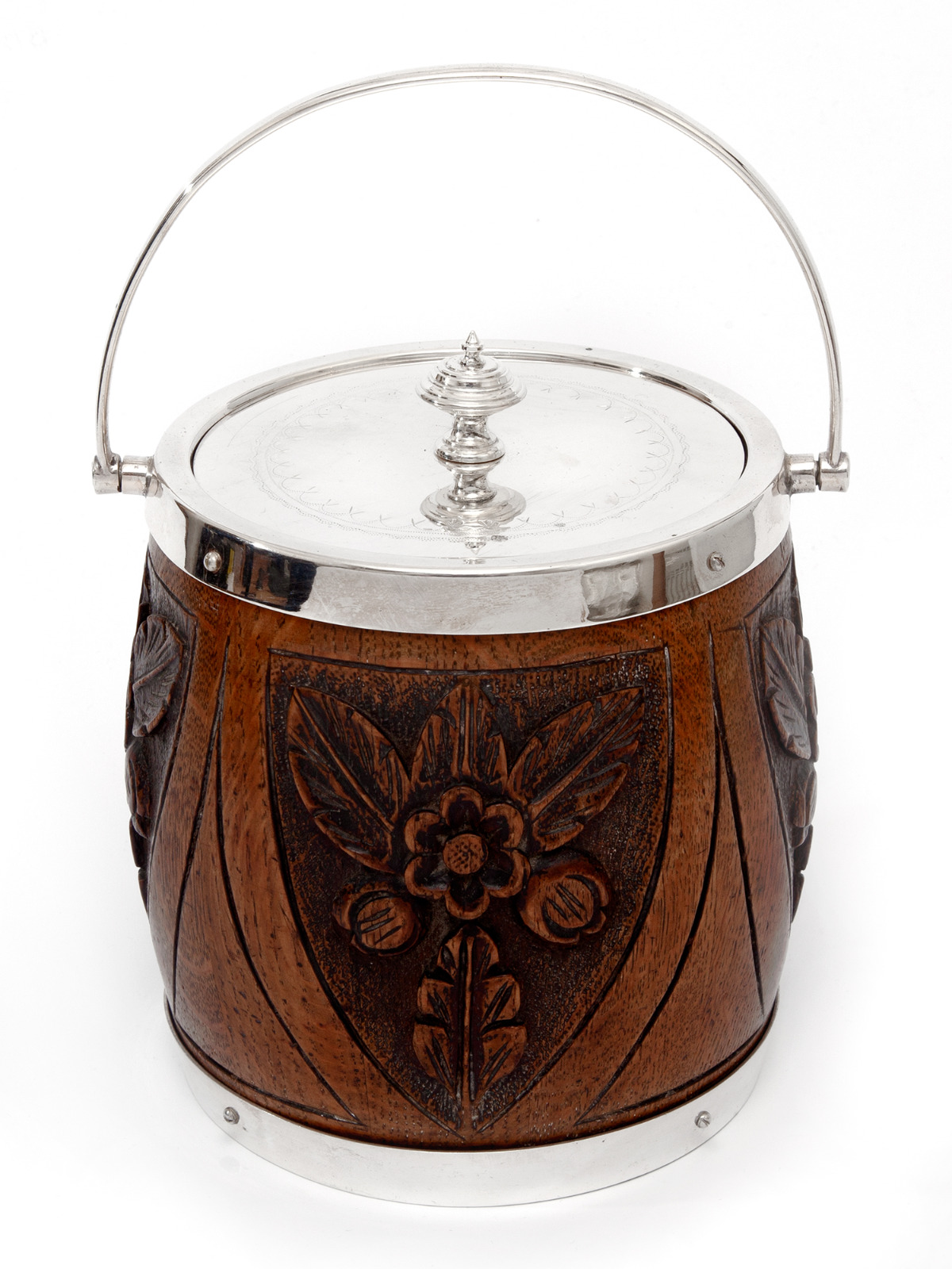 Edwardian Silver Plate & Oak Biscuit Barrel or Ice Pail with Four Carved Shields (1 of 5) Edwardian Silver Plate & Oak Biscuit Barrel or Ice Pail with Four Carved Shields (1 of 5)