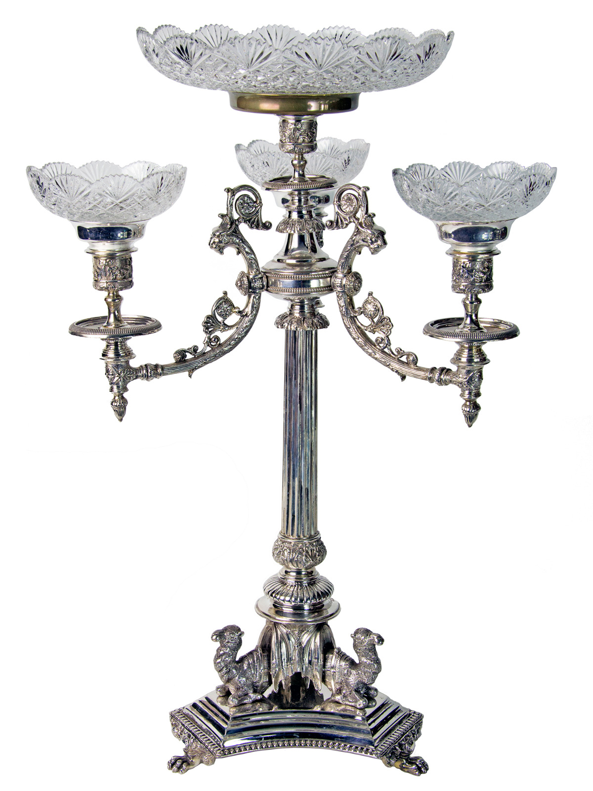 Silver Plate Centrepiece Epergne with Camels & Cut Glass Bowls (1 of 1) Silver Plate Centrepiece Epergne with Camels & Cut Glass Bowls (1 of 1)