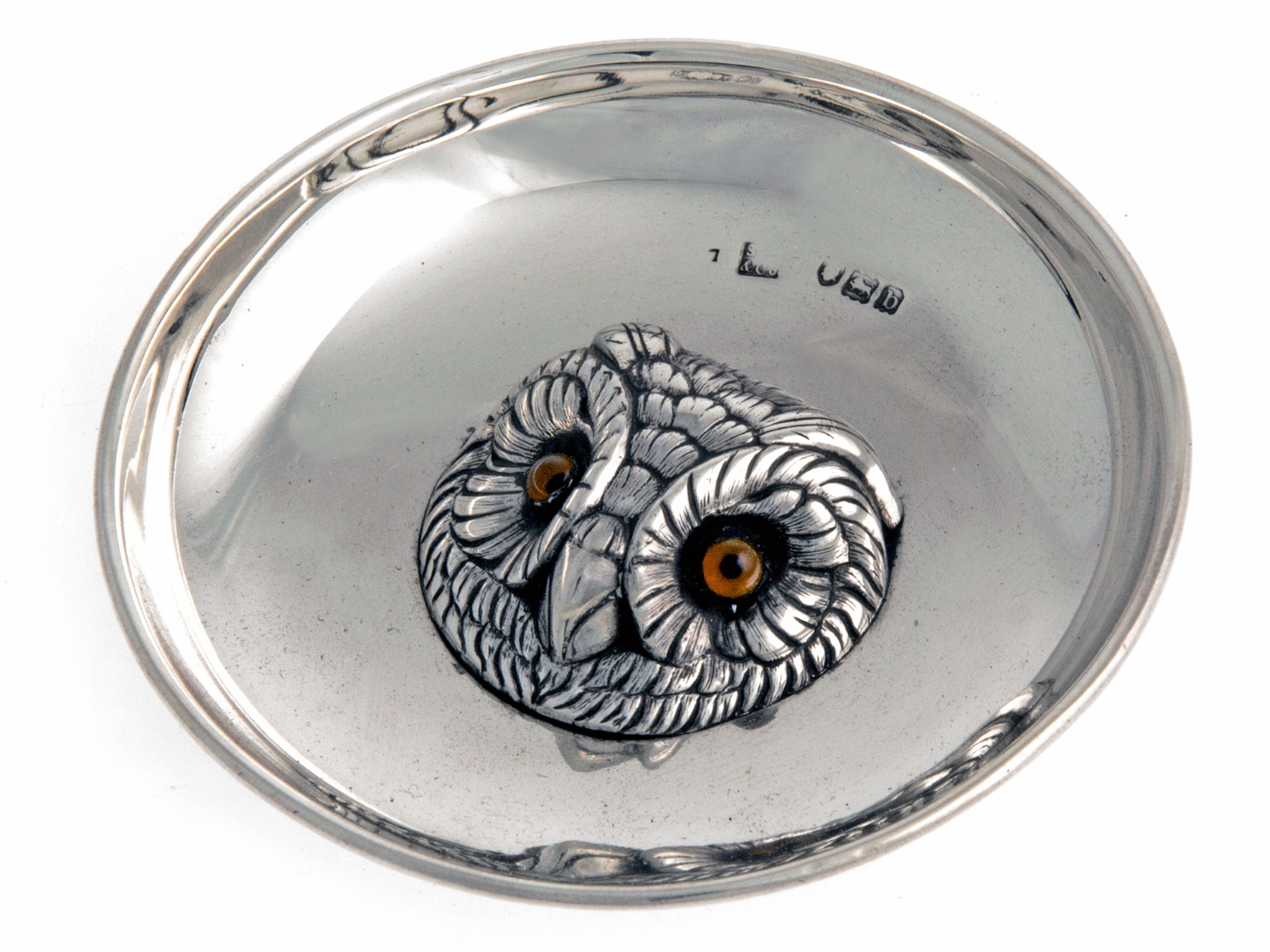 Sampson Mordan & Co Small Silver Dish with a Cast Owl Head (1 of 1) Sampson Mordan & Co Small Silver Dish with a Cast Owl Head (1 of 1)