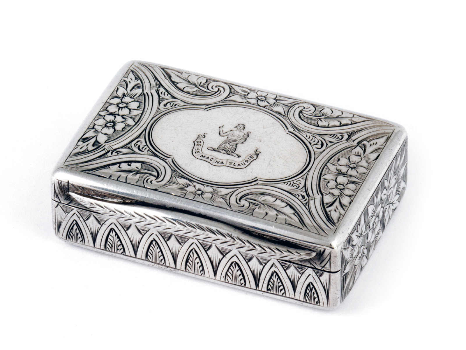 Victorian Silver Snuff Box Engraved with Flowers & Scrolls (1 of 1) Victorian Silver Snuff Box Engraved with Flowers & Scrolls (1 of 1)