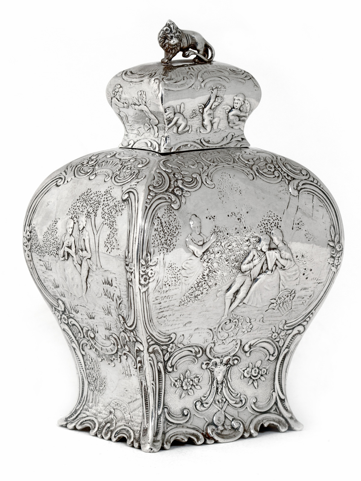 Decorative Continental Silver Tea Caddy with Scenes of Courting Couples (1 of 1) Decorative Continental Silver Tea Caddy with Scenes of Courting Couples (1 of 1)