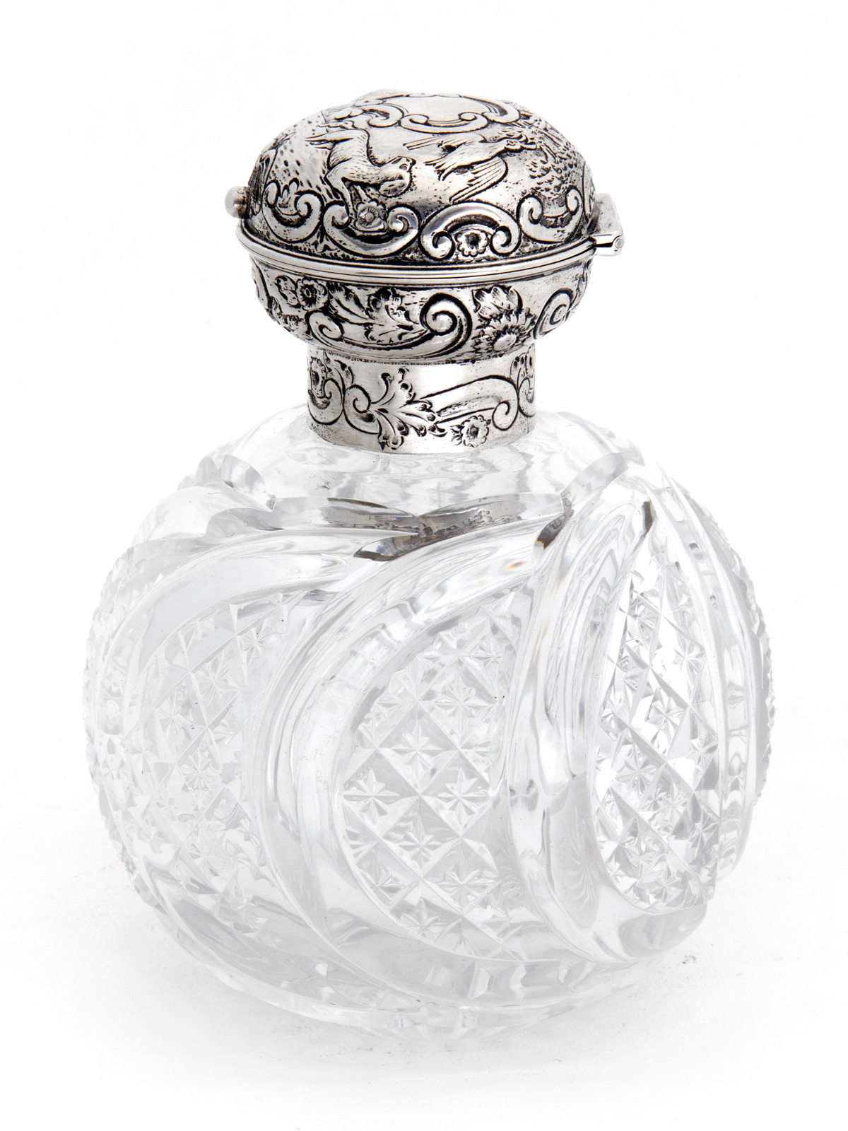 Large Silver Topped & Cut Glass Perfume CUT GLASS LARGE PERFUME ATOMIZER BOTTLE