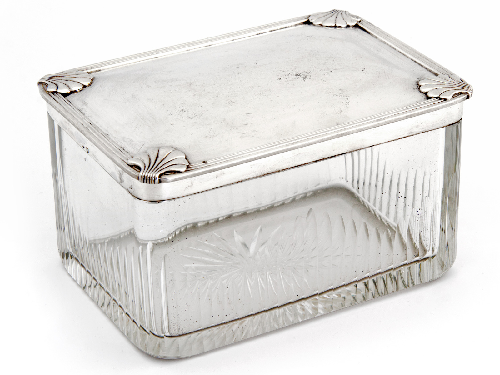 French Silver & Cut Glass Art Deco Style Box with Shells on Each Corner of the Lid (1 of 1) French Silver & Cut Glass Art Deco Style Box with Shells on Each Corner of the Lid (1 of 1)
