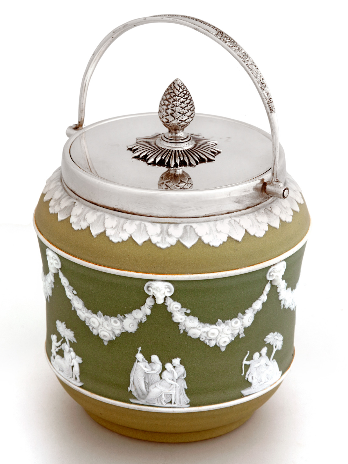 Wedgwood Three Colour Jasperware Barrel with a Floral Decorative Swing Handle (1 of 1) Wedgwood Three Colour Jasperware Barrel with a Floral Decorative Swing Handle (1 of 1)