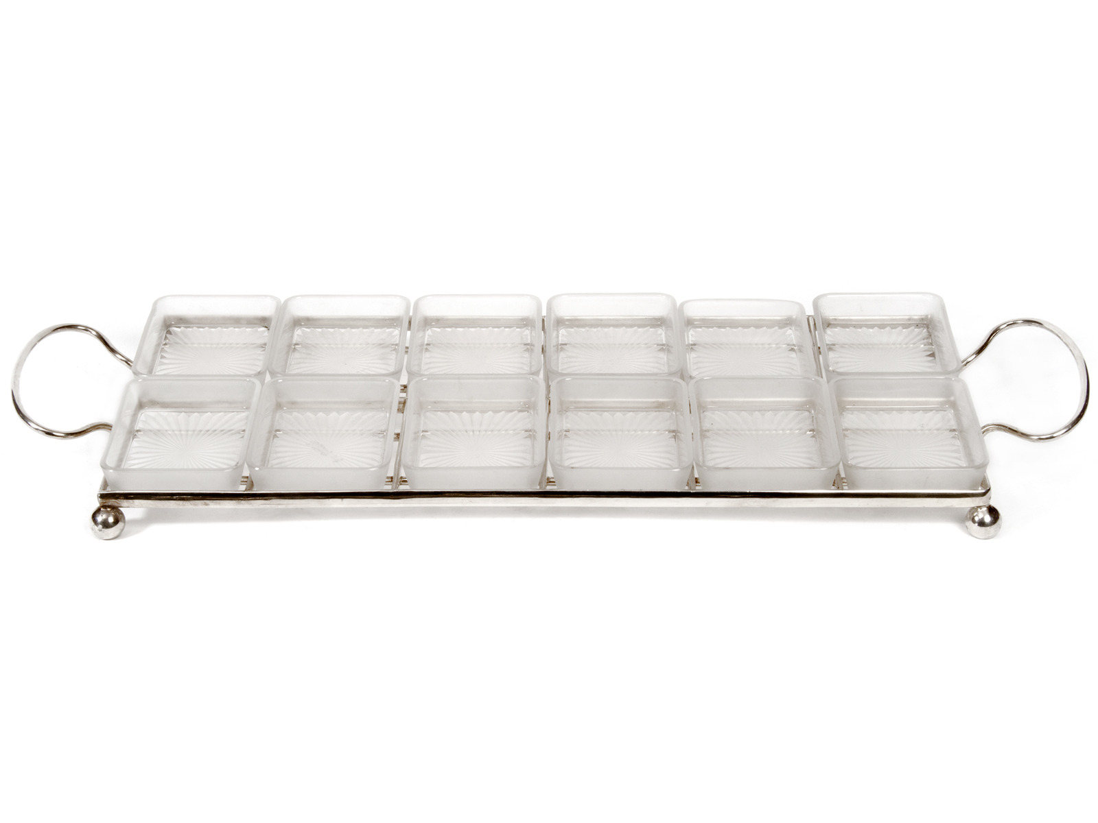 Silver Plate Hors D'oeuvres Tray with Twelve Frosted Glass Sections c.1930 (1 of 1) Silver Plate Hors D'oeuvres Tray with Twelve Frosted Glass Sections c.1930 (1 of 1)