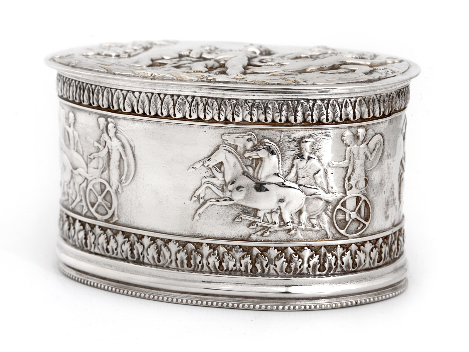 Silver Plate Electrotype Oval Hinged Box with Roman Chariots & Putti Children (1 of 6)