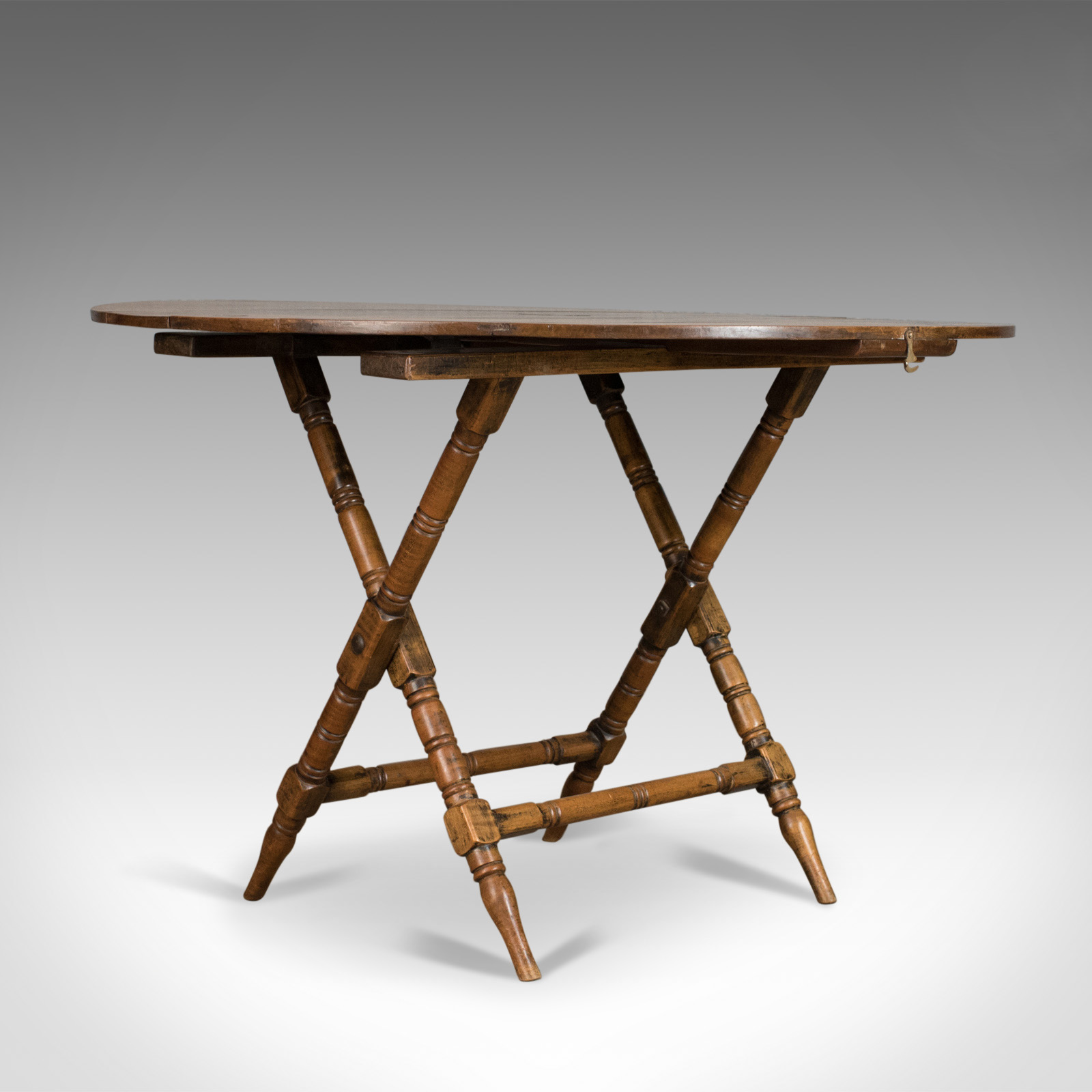 Antique Victorian Campaign Beech & Fruitwood Folding Table, English