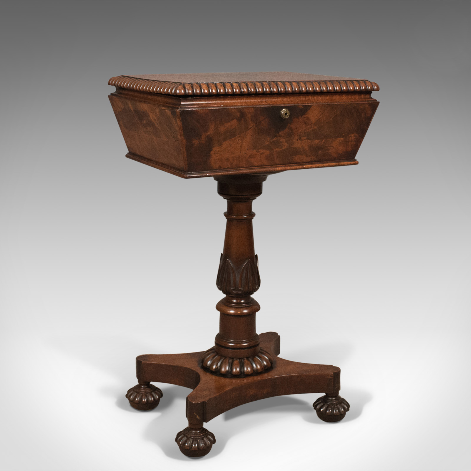 William IV Antique Teapoy, English Flame Mahogany Side Table c.1835 (1 of 1) William IV Antique Teapoy, English Flame Mahogany Side Table c.1835 (1 of 1)