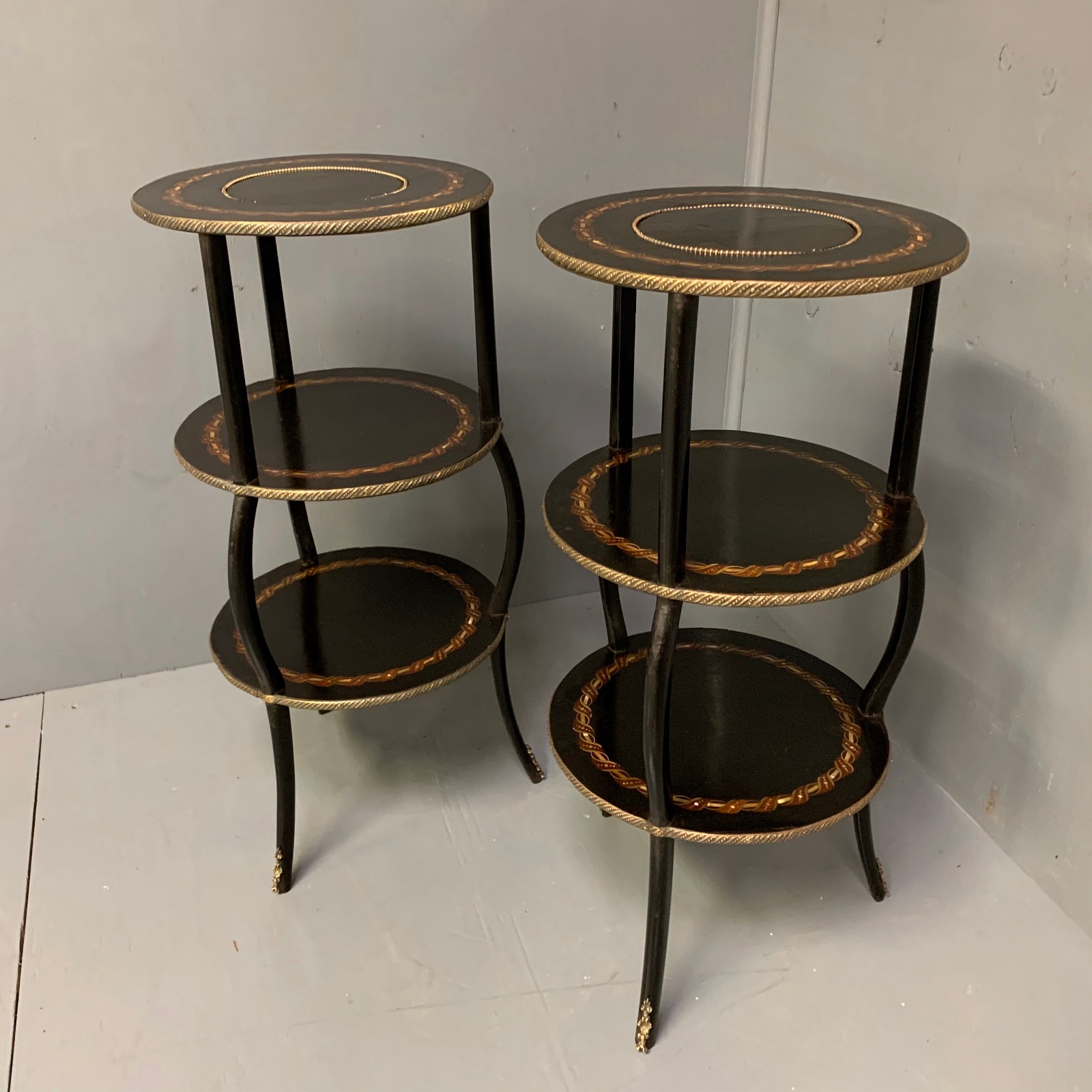 Pair of Black Lacquered & Mother of Pearl Etagere Tables (1 of 7) Pair of Black Lacquered & Mother of Pearl Etagere Tables (1 of 7)