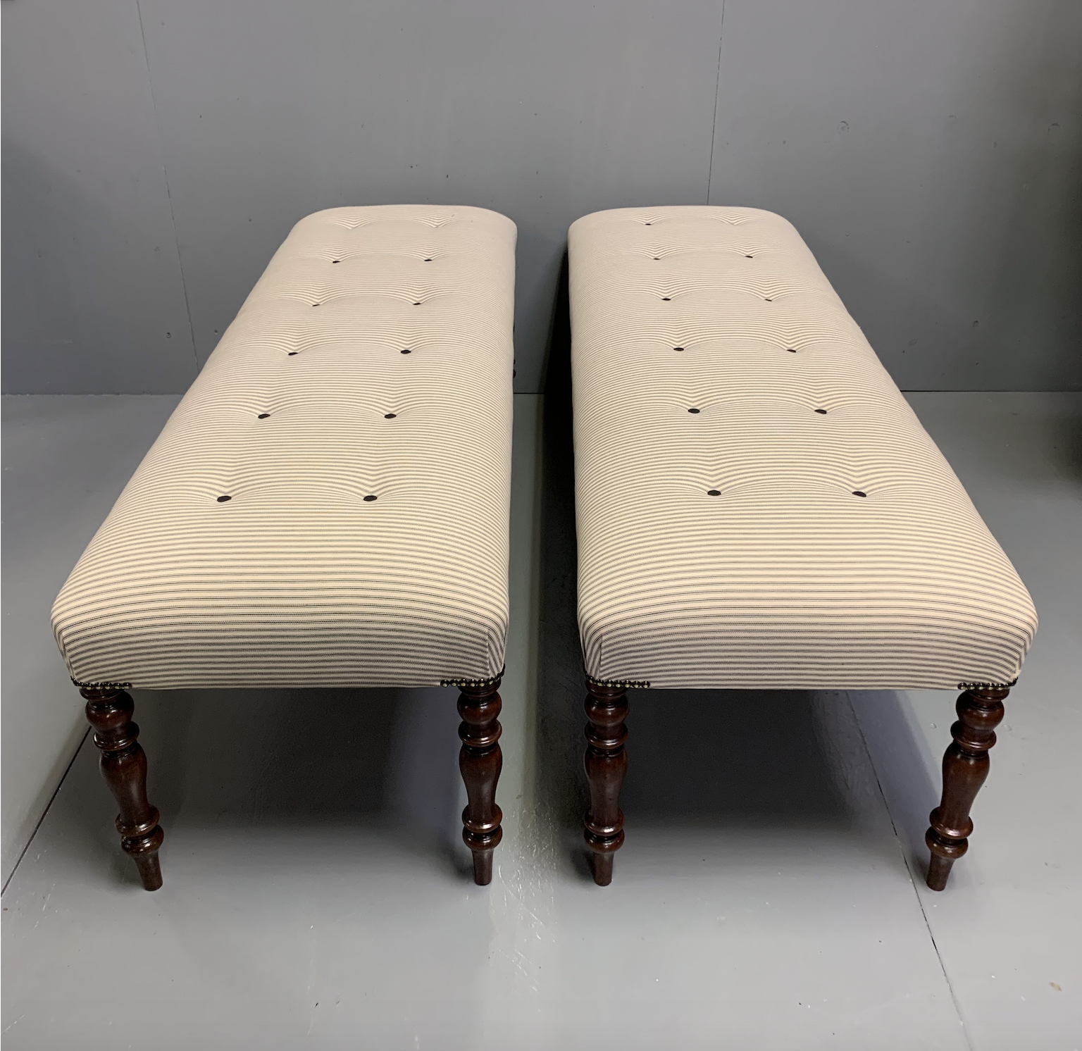 Pair of 5' Regency Long Stools in Buttoned Ticking (1 of 1) Pair of 5' Regency Long Stools in Buttoned Ticking (1 of 1)