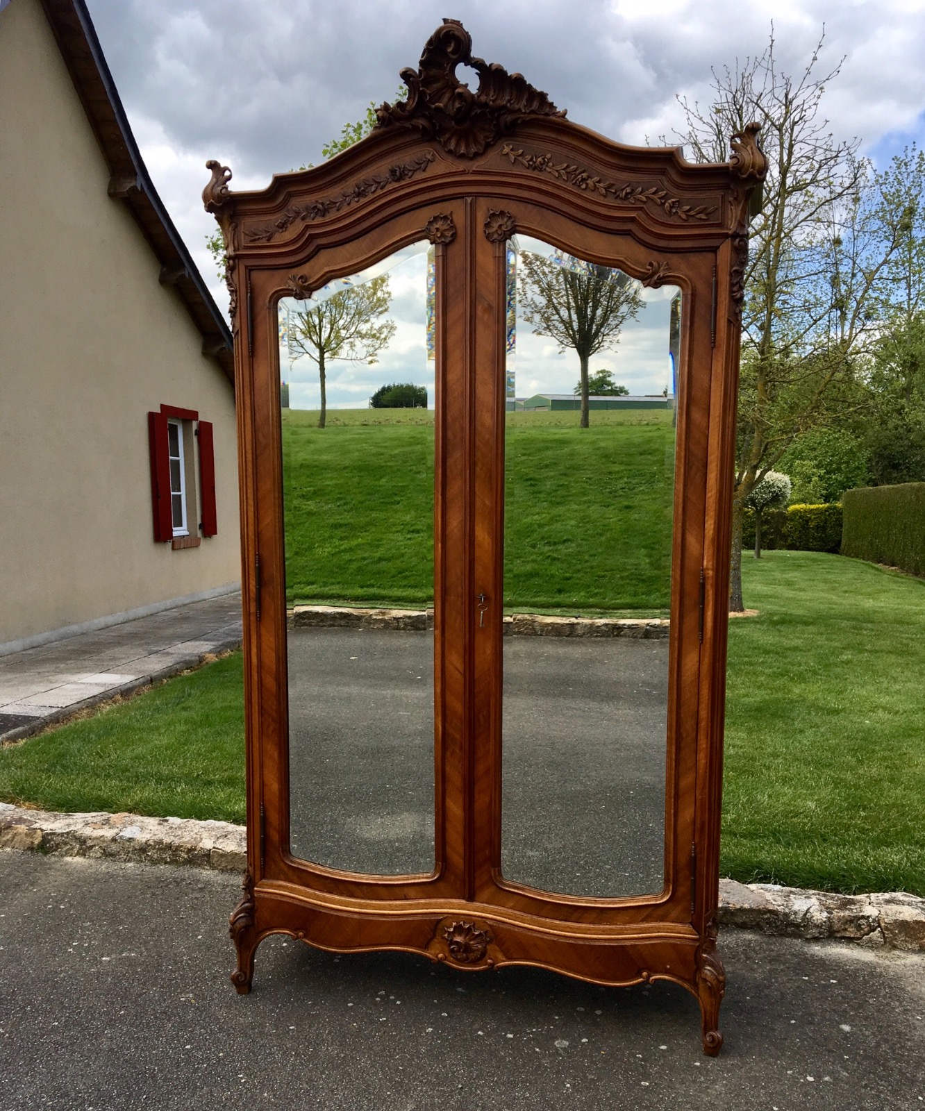 Antique French Mirrored Armoire Carved Wardrobe Louis Style Linen