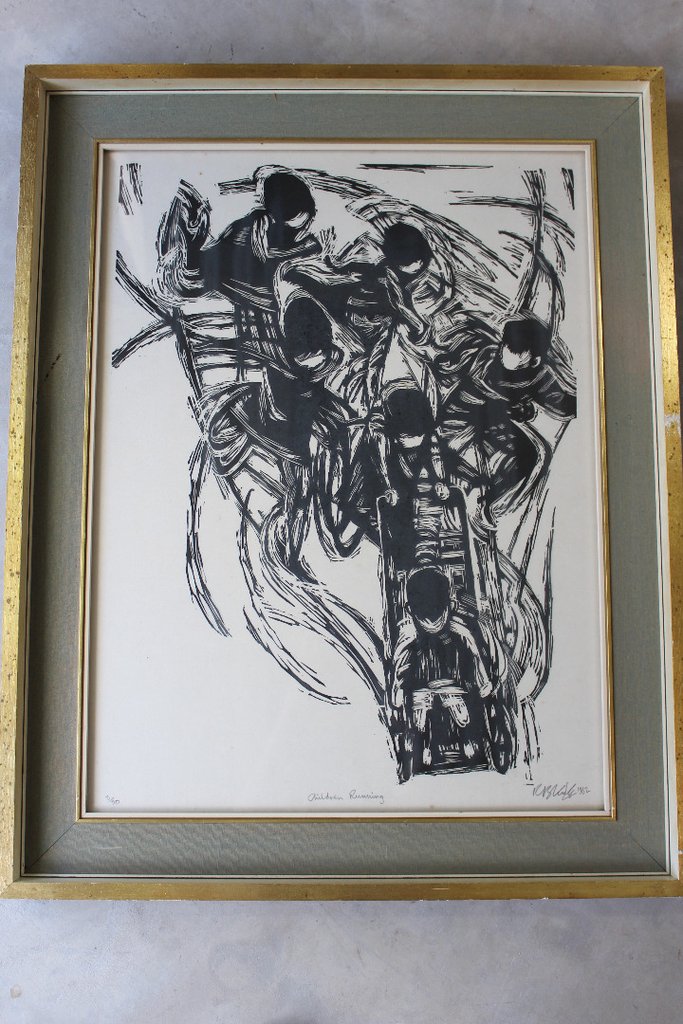 Children Running Framed Woodcut (1 of 12)