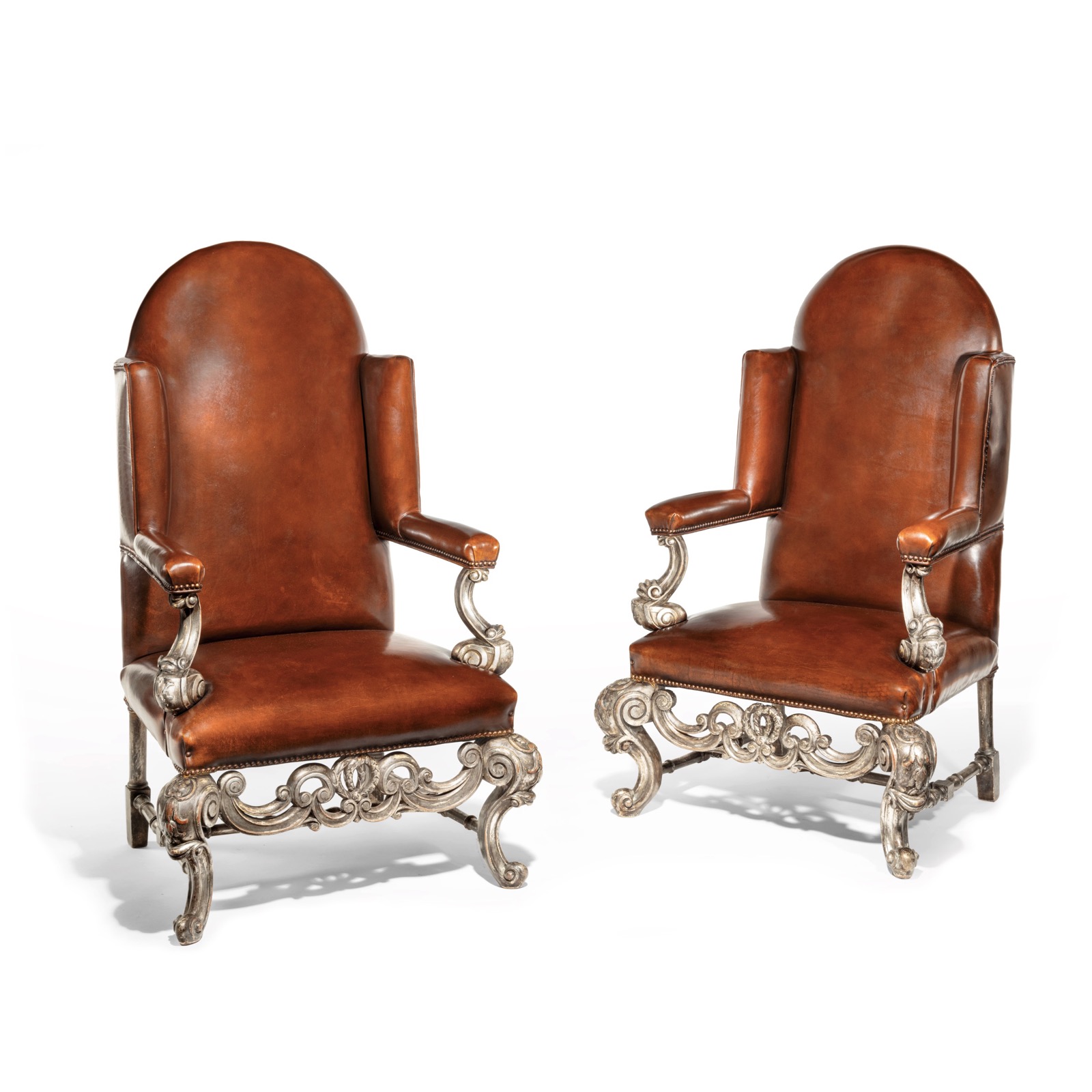 Antique Pair of Silver Gilt Leather Upholstered Wing Chairs (1 of 1) Antique Pair of Silver Gilt Leather Upholstered Wing Chairs (1 of 1)