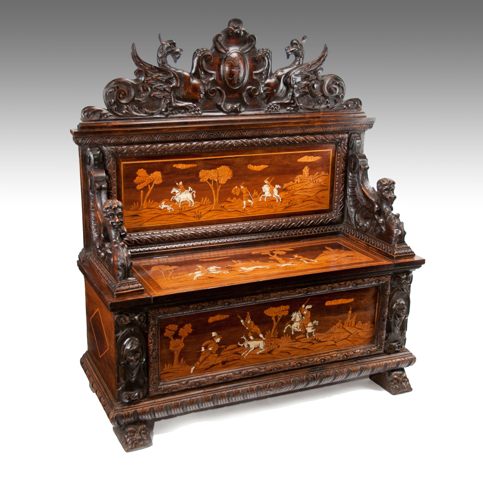Fine 19th Century Northern Italian Marquetry Cassapanca or Hall Bench (1 of 1) Fine 19th Century Northern Italian Marquetry Cassapanca or Hall Bench (1 of 1)