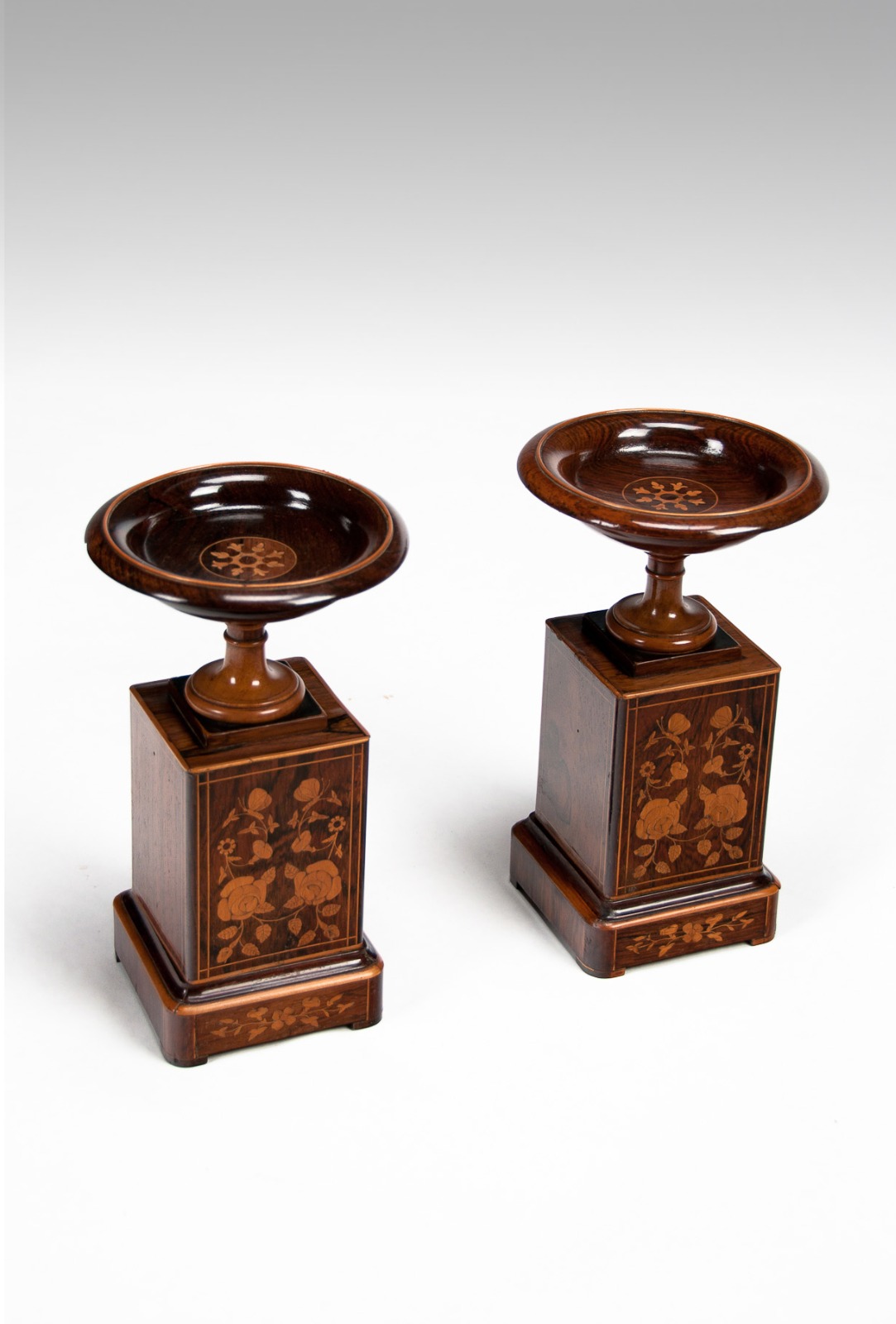 Fine Pair of 19th Century Rosewood Tazzas on Marquetry Pedestals (1 of 1) Fine Pair of 19th Century Rosewood Tazzas on Marquetry Pedestals (1 of 1)
