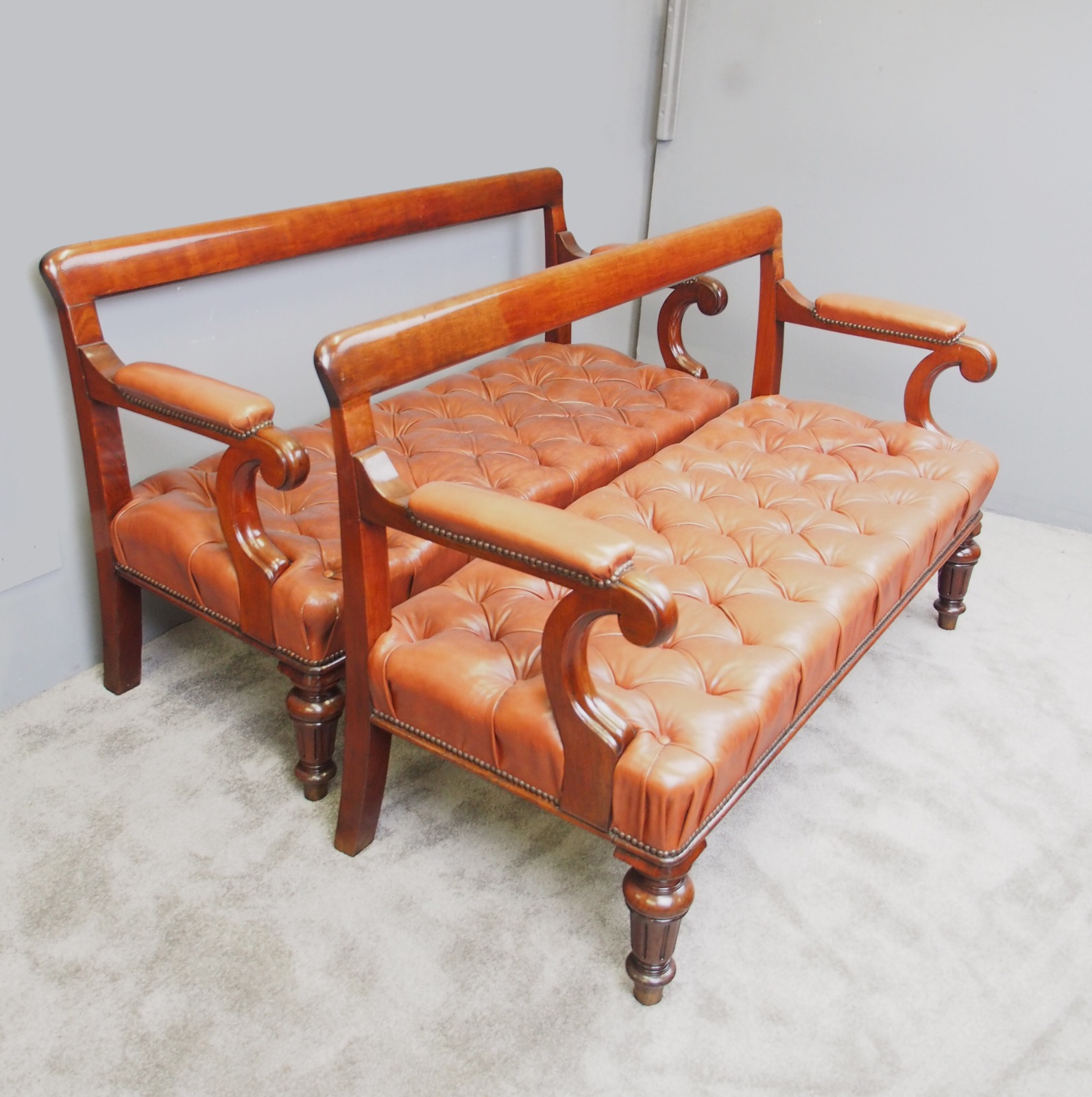 Pair of William IV Mahogany & Tan Leather Hall Benches (1 of 1) Pair of William IV Mahogany & Tan Leather Hall Benches (1 of 1)