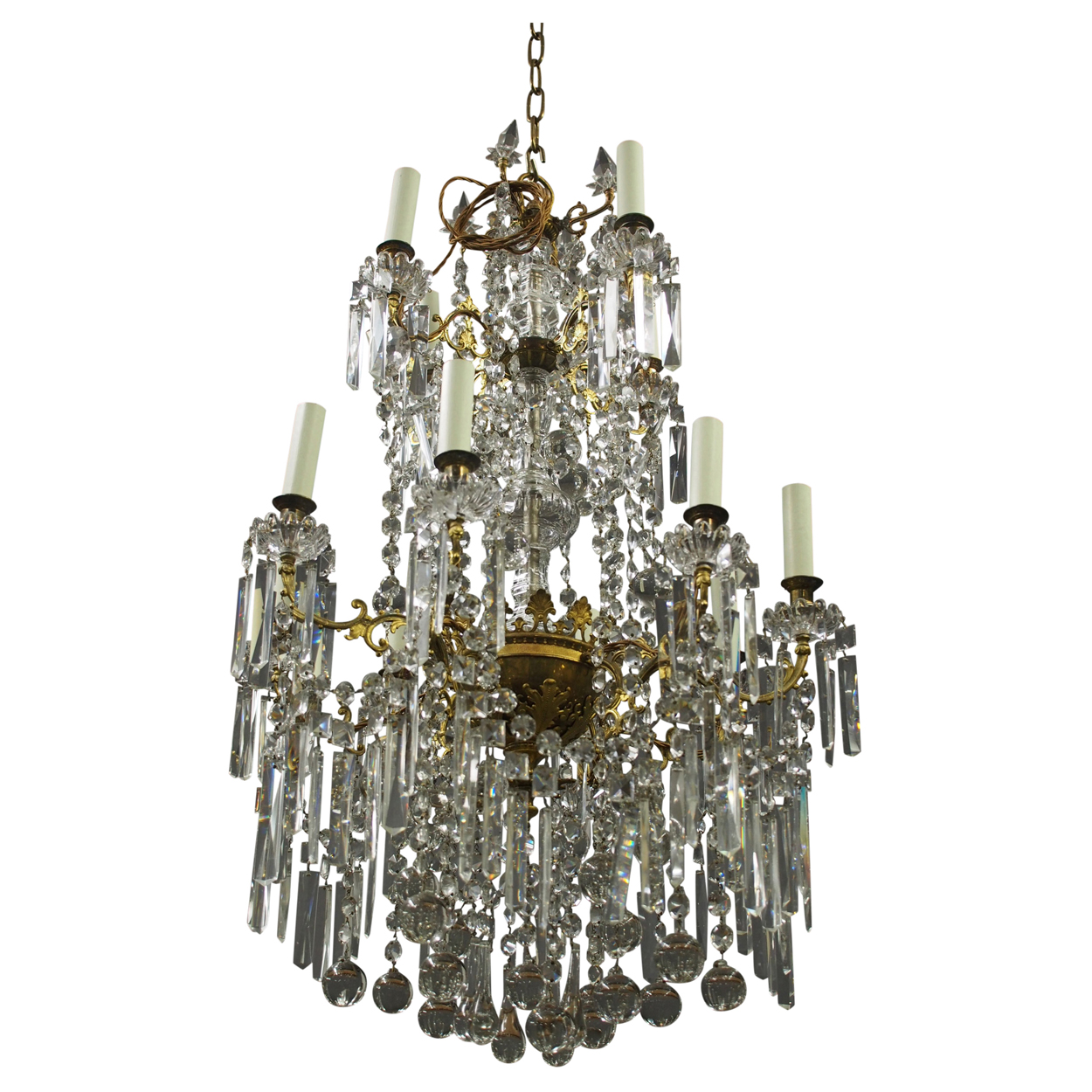 Glass & Gilded Brass 2 Tier Chandelier c.1900 (1 of 13)