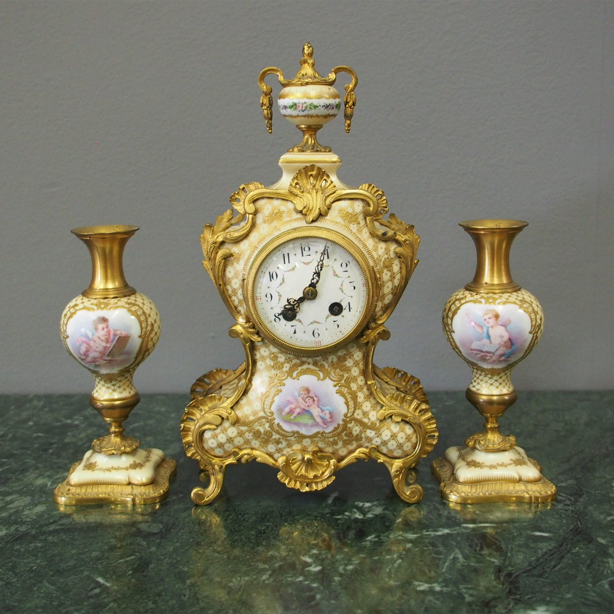French Painted Porcelain Clock Garniture c.1880 (1 of 15)