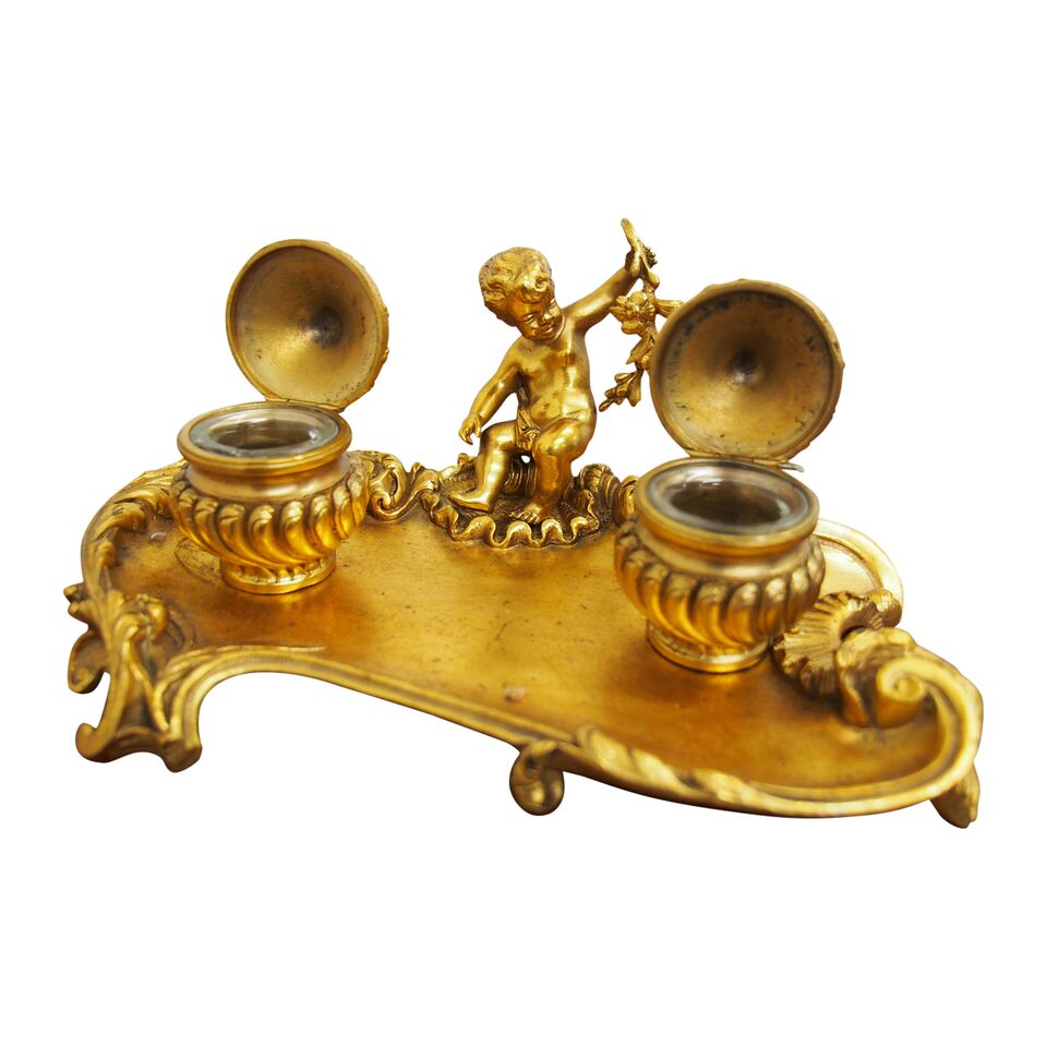 French Cast Brass and Ormolu Mounted Antique Inkwell (1 of 8) French Cast Brass and Ormolu Mounted Antique Inkwell (1 of 8)