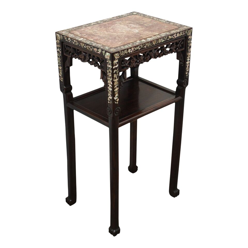 Chinese Two Tiered Pink Variegated Marble & Hongmu Stand c.1890 (1 of 10)