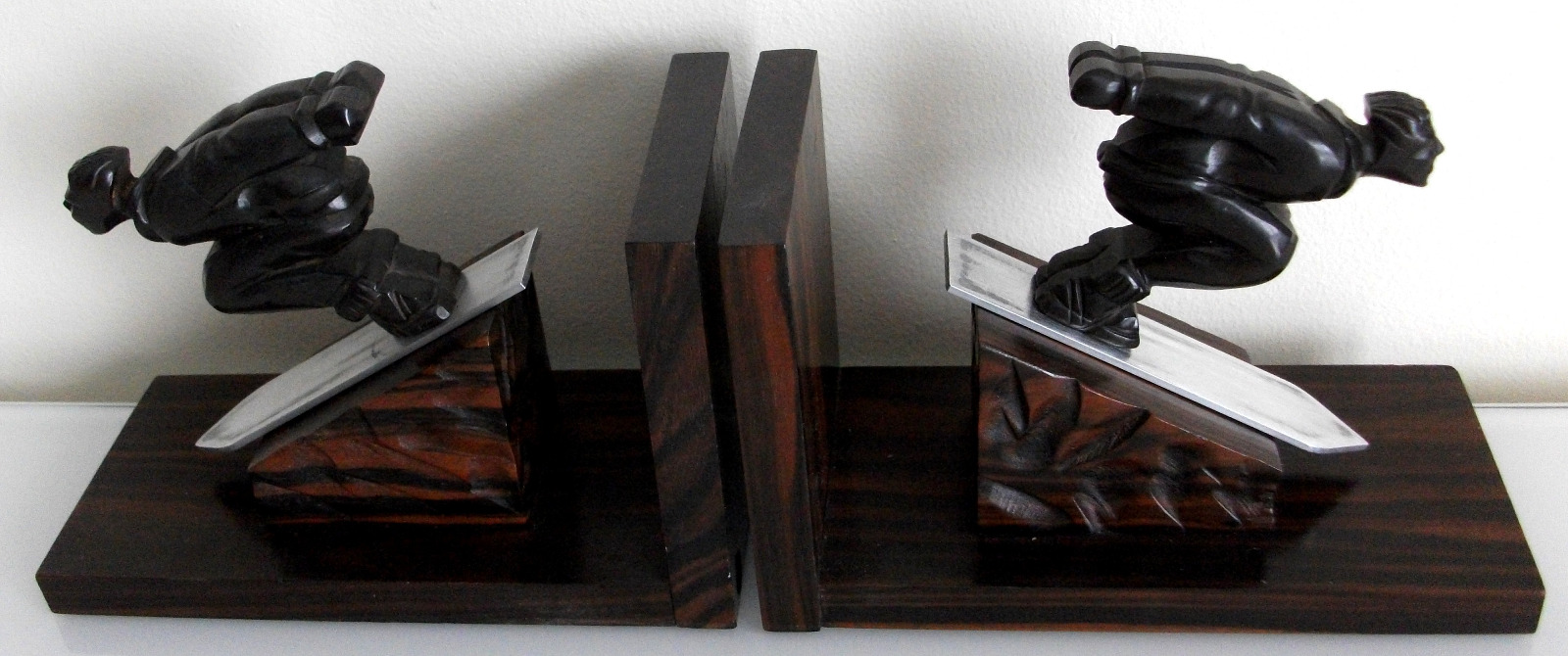 1930s Art Deco French Snowboarder Macassar Wood Carved Bookends (1 of 1) 1930s Art Deco French Snowboarder Macassar Wood Carved Bookends (1 of 1)