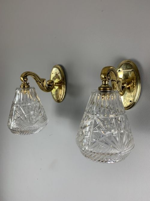 1920’S Pair of Gec English Brass Cut Crystal Wall Lights, Original