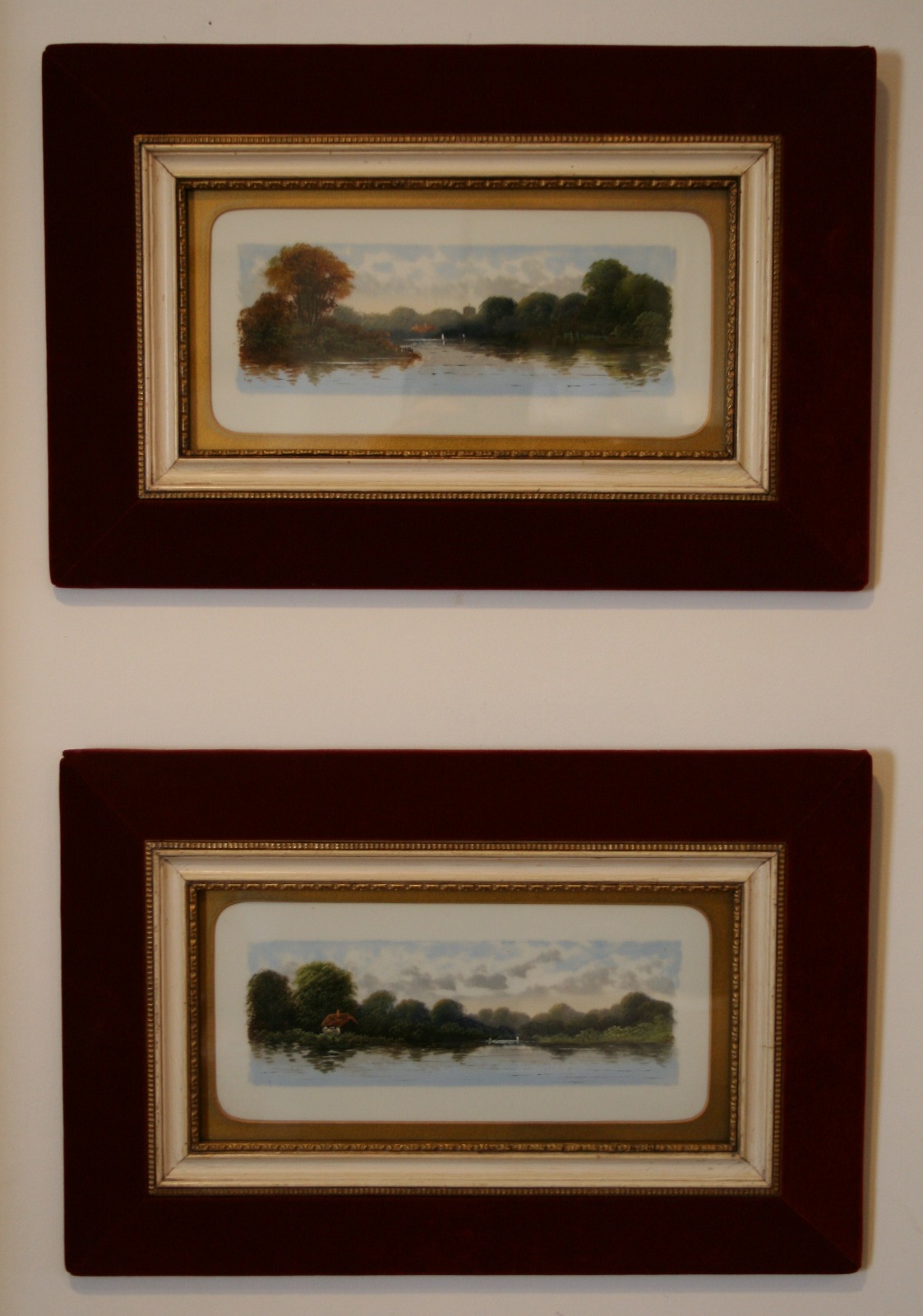Pair of Oil Paintings of River Scene on Milk Glass (1 of 1)