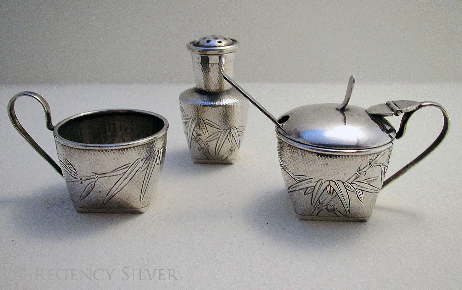Antique Chinese Export Solid Silver Three 3-Piece Cruet Set 'Salt Pepperette Pepper Mustard Pot Glass Liner Spoon' Tackhing (1 of 1) Antique Chinese Export Solid Silver Three 3-Piece Cruet Set 'Salt Pepperette Pepper Mustard Pot Glass Liner Spoon' Tackhing (1 of 1)
