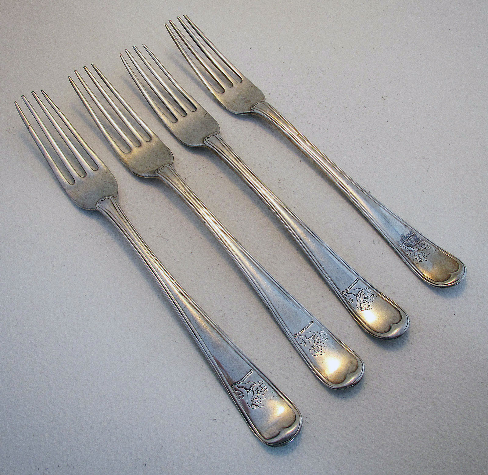 George Iii, 18Th-Century 1787 RAre Irish Solid Sterling Silver Antique Dessert Forks. John Power. Set of 4 (1 of 7) George Iii, 18Th-Century 1787 RAre Irish Solid Sterling Silver Antique Dessert Forks. John Power. Set of 4 (1 of 7)