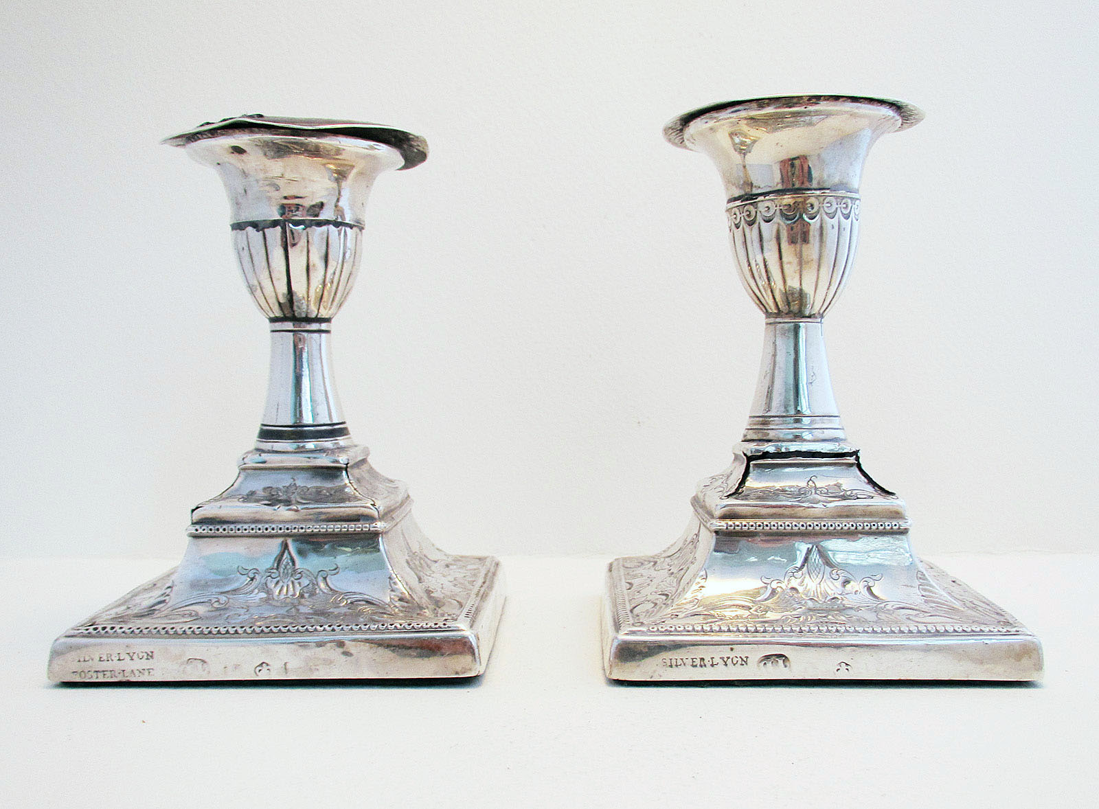Pair of Antique English George III Solid Sterling Silver Dwarf Candle Holder Candlesticks. 'Foster Lane' C.1790 (1 of 1) Pair of Antique English George III Solid Sterling Silver Dwarf Candle Holder Candlesticks. 'Foster Lane' C.1790 (1 of 1)