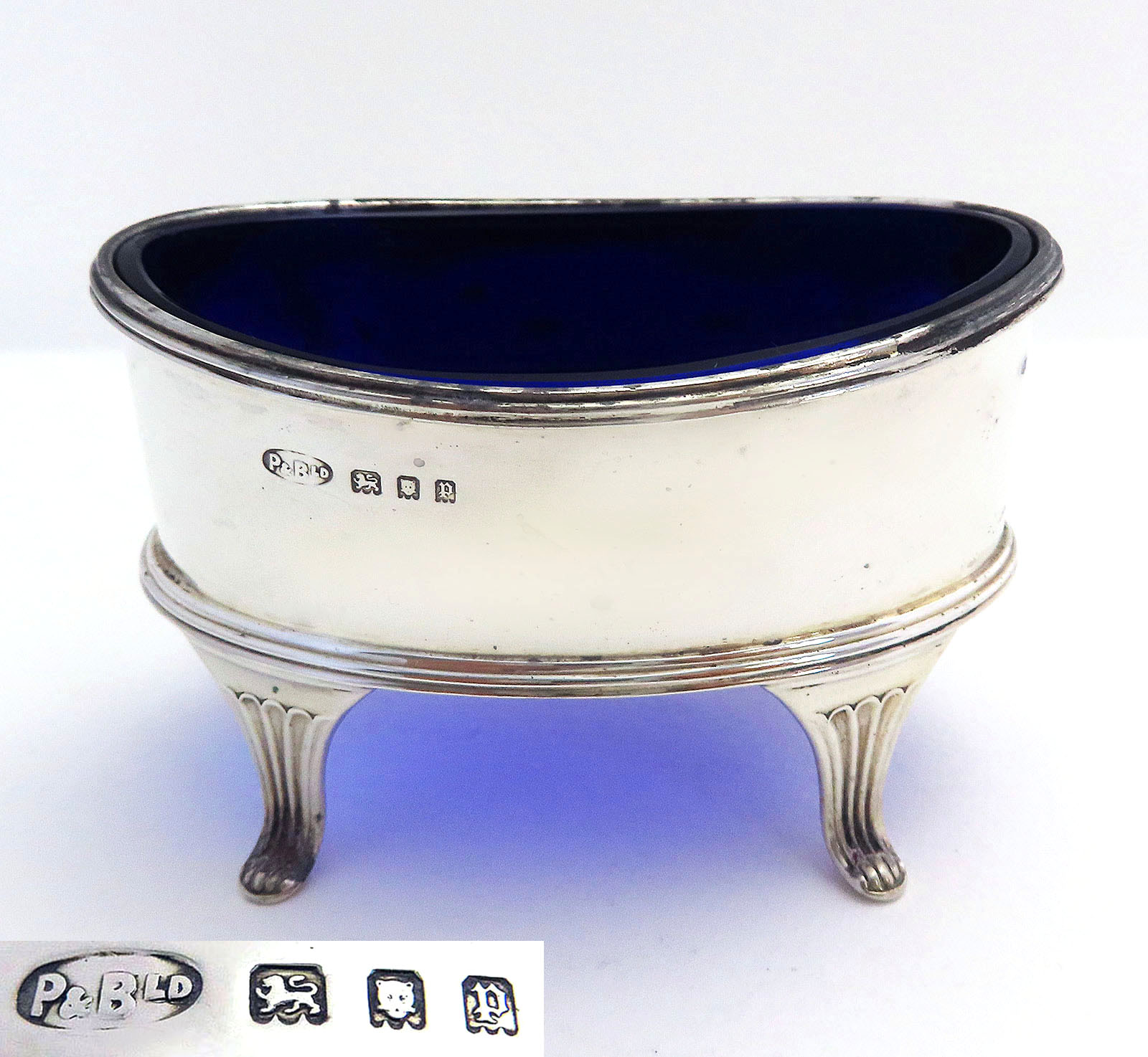 Large Georgian Style Solid Sterling Silver & Bristol Blue Glass Liner Salt Cellar Cruet. English Hallmarked. (1 of 1) Large Georgian Style Solid Sterling Silver & Bristol Blue Glass Liner Salt Cellar Cruet. English Hallmarked. (1 of 1)