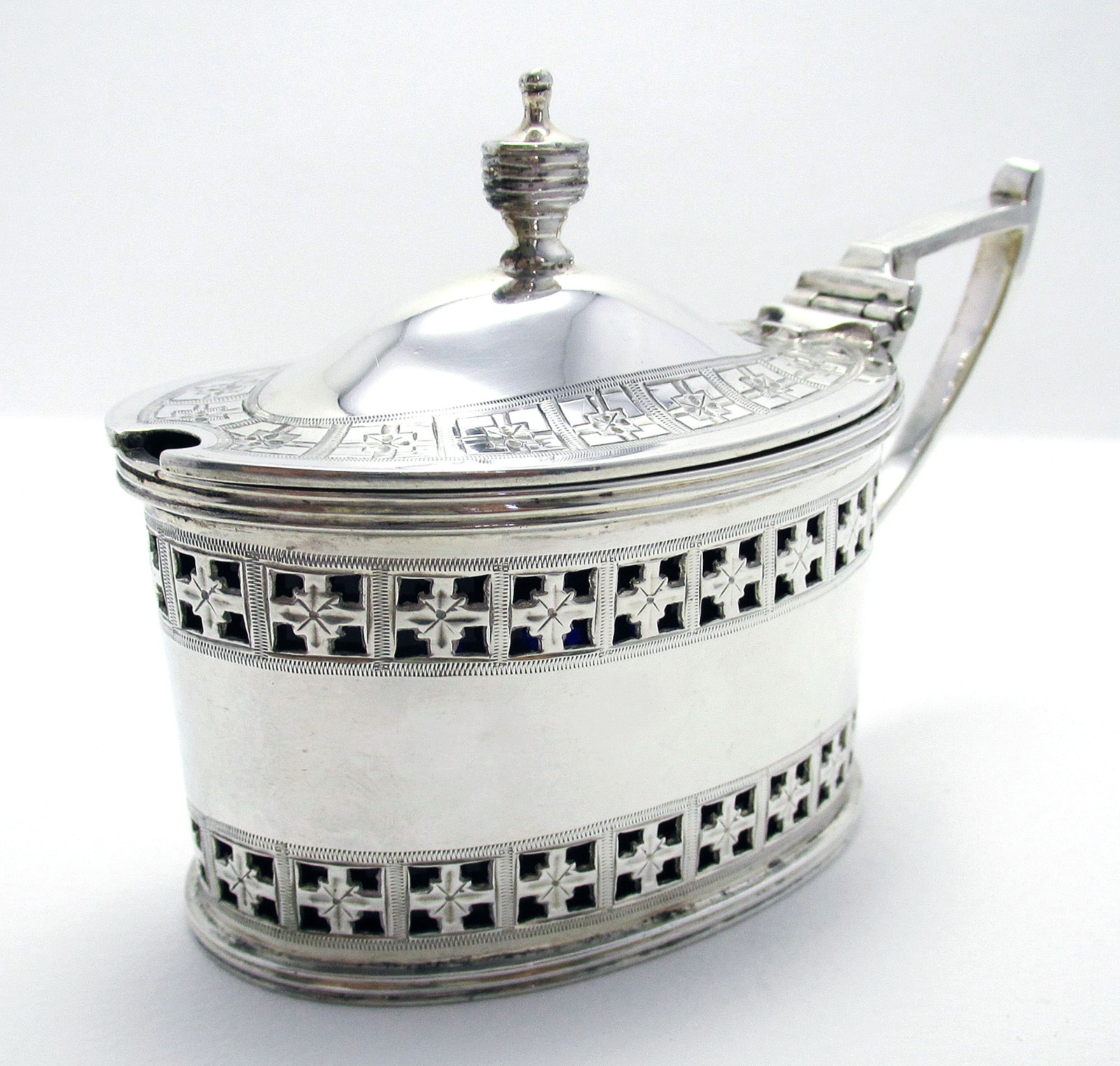 Large Victorian Pierced Solid Sterling Silver & Bristol Blue Glass Liner Antique Mustard Pot Cruet, English Hallmarked, Martin, Hall & Co. (1 of 10) Large Victorian Pierced Solid Sterling Silver & Bristol Blue Glass Liner Antique Mustard Pot Cruet, English Hallmarked, Martin, Hall & Co. (1 of 10)
