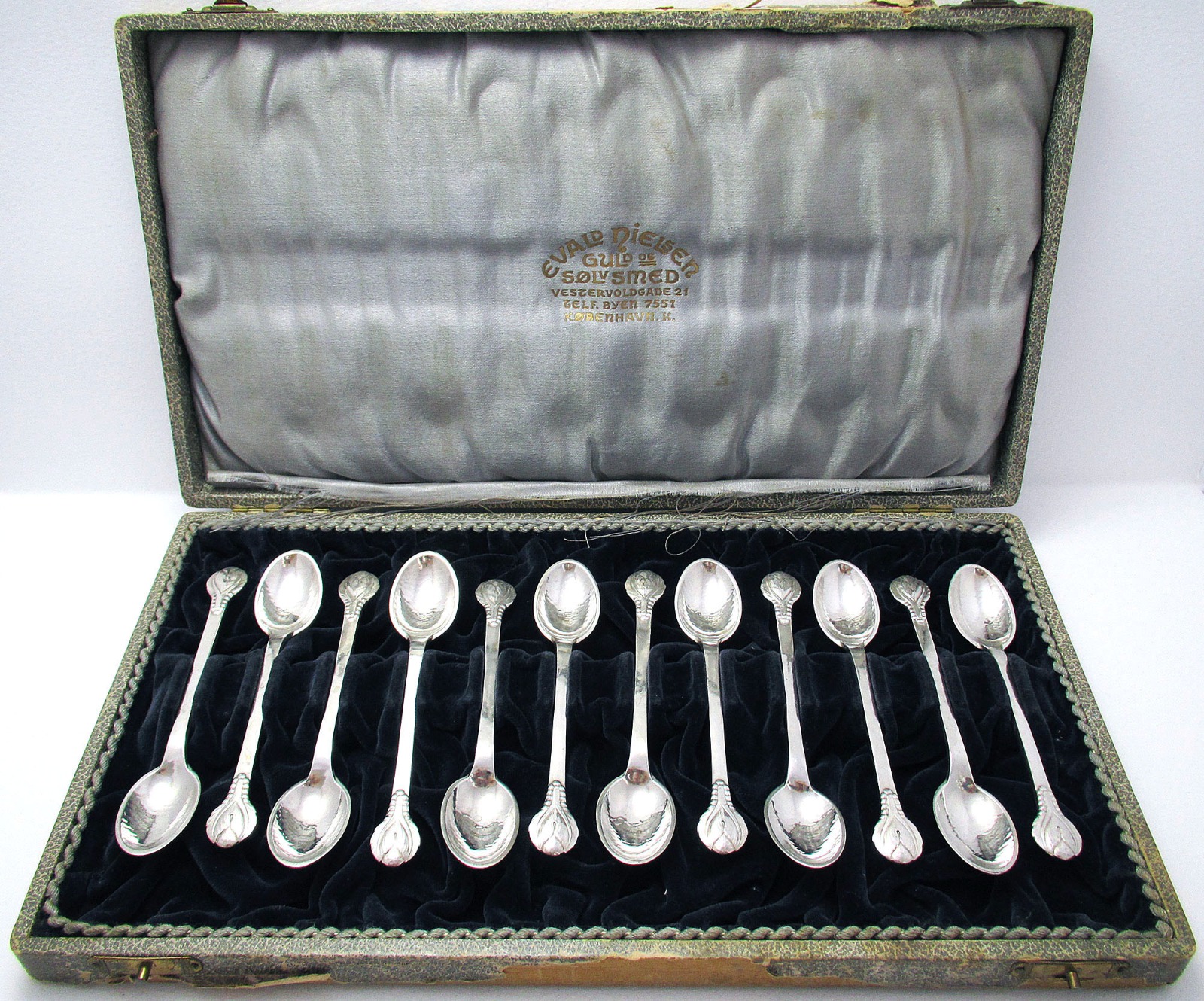 Evald Nielsen No.3 1929 Danish Solid Silver Coffee / Tea / Espresso Spoons, Arts & Crafts, Rare 12 x Cased Set (1 of 9)