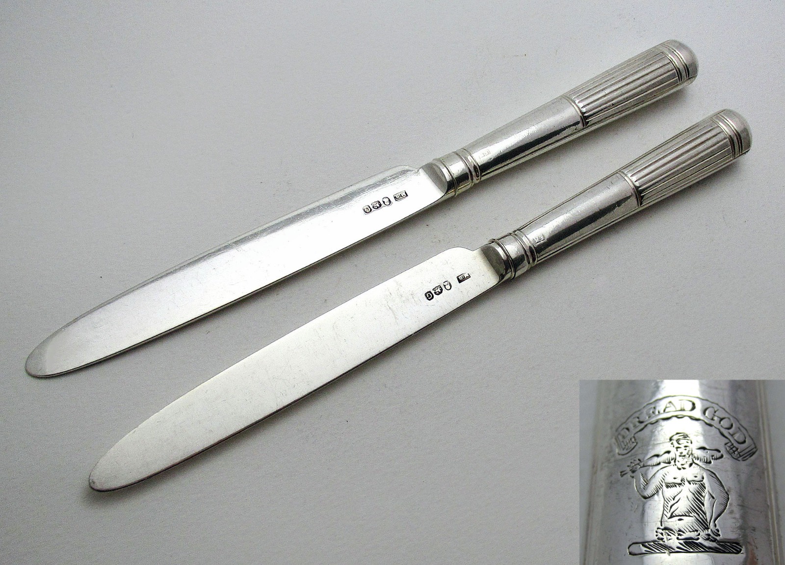 Pair 1802 Antique George III Sterling Silver Table / Dinner Knives, Moses Brent, Dread God Motto (1 of 10) Pair 1802 Antique George III Sterling Silver Table / Dinner Knives, Moses Brent, Dread God Motto (1 of 10)