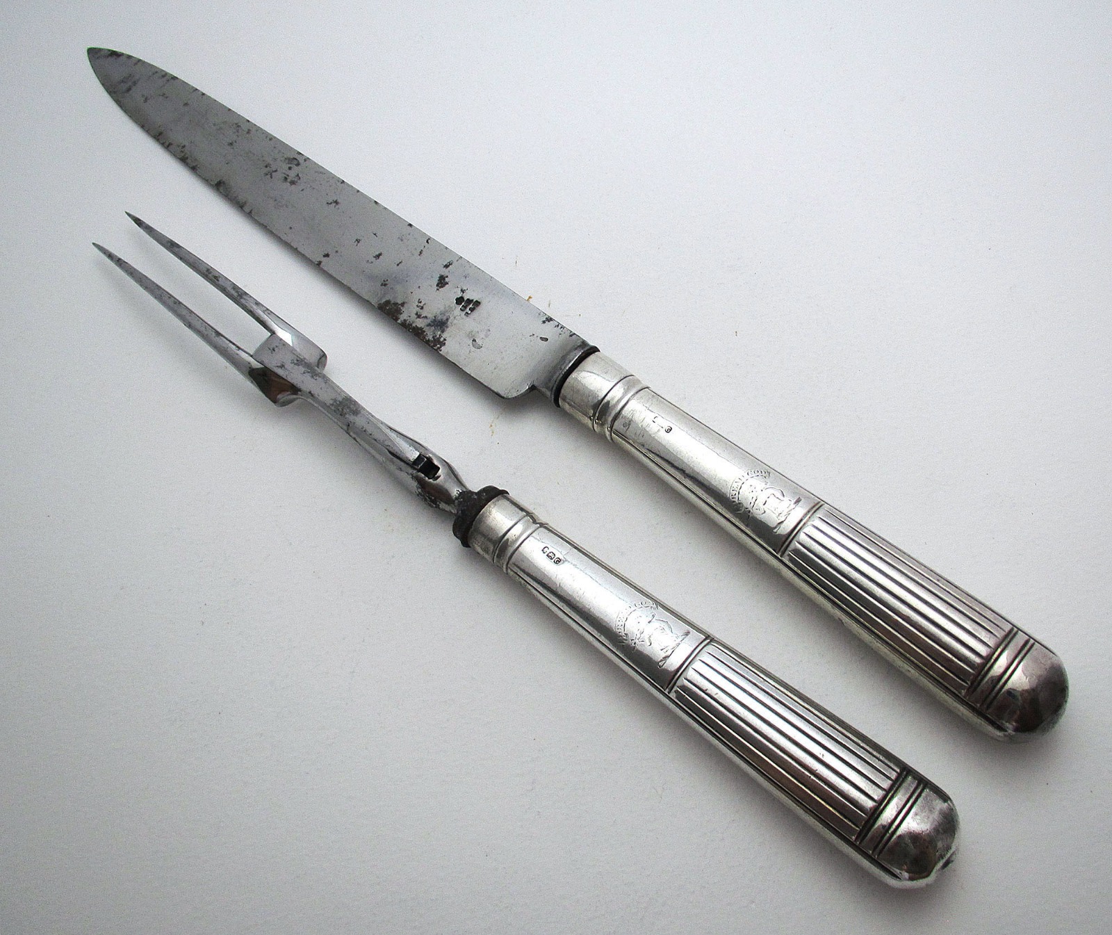 Very Large 13" Antique 1802 Georgian-George III Sterling Silver & Steel Serving Carving Knife + Fork Set, by Moses Brent, Motto Dread God. (1 of 8) Very Large 13" Antique 1802 Georgian-George III Sterling Silver & Steel Serving Carving Knife + Fork Set, by Moses Brent, Motto Dread God. (1 of 8)